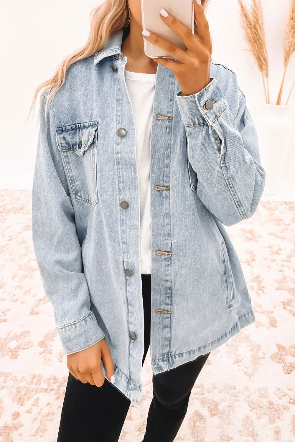 Acid Wash Flap Pocket Boyfriend Shacket