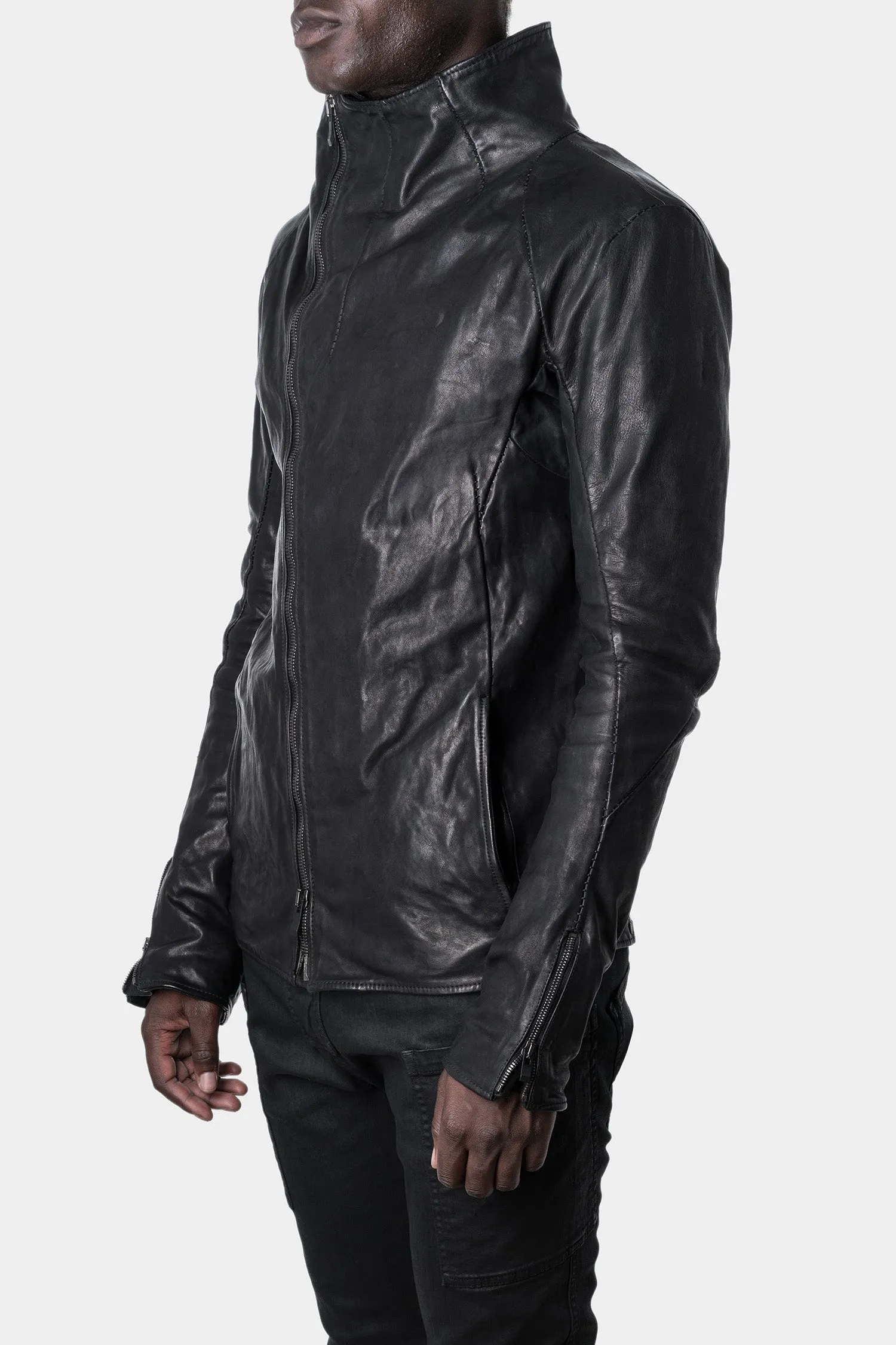 Asymmetrical zip high neck leather jacket