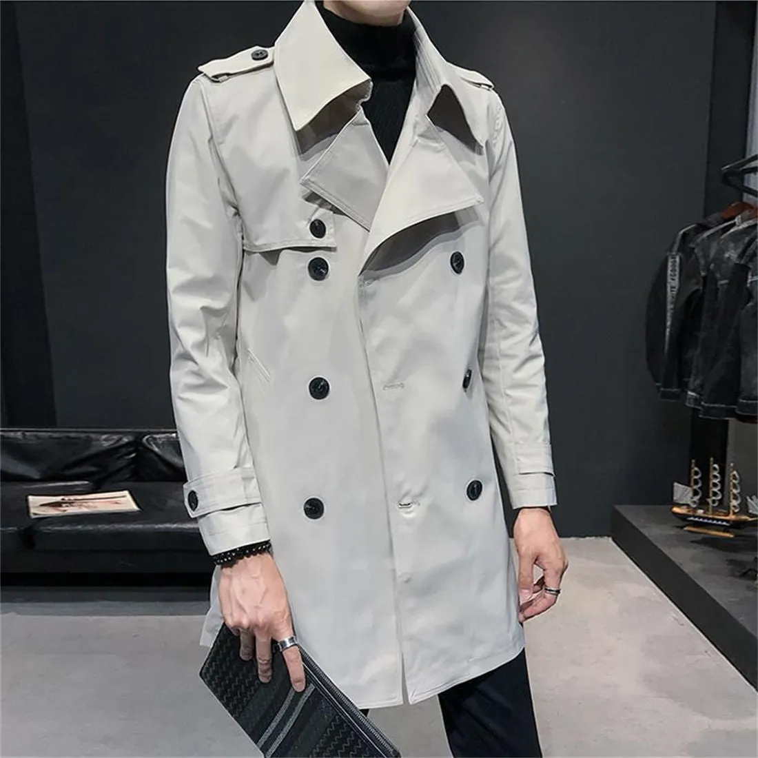 Autumn Winter Men's Jackets Double Breasted Medium-Long Trench Coat Male Solid Color Coats Fashion Windbreaker Outwears K53