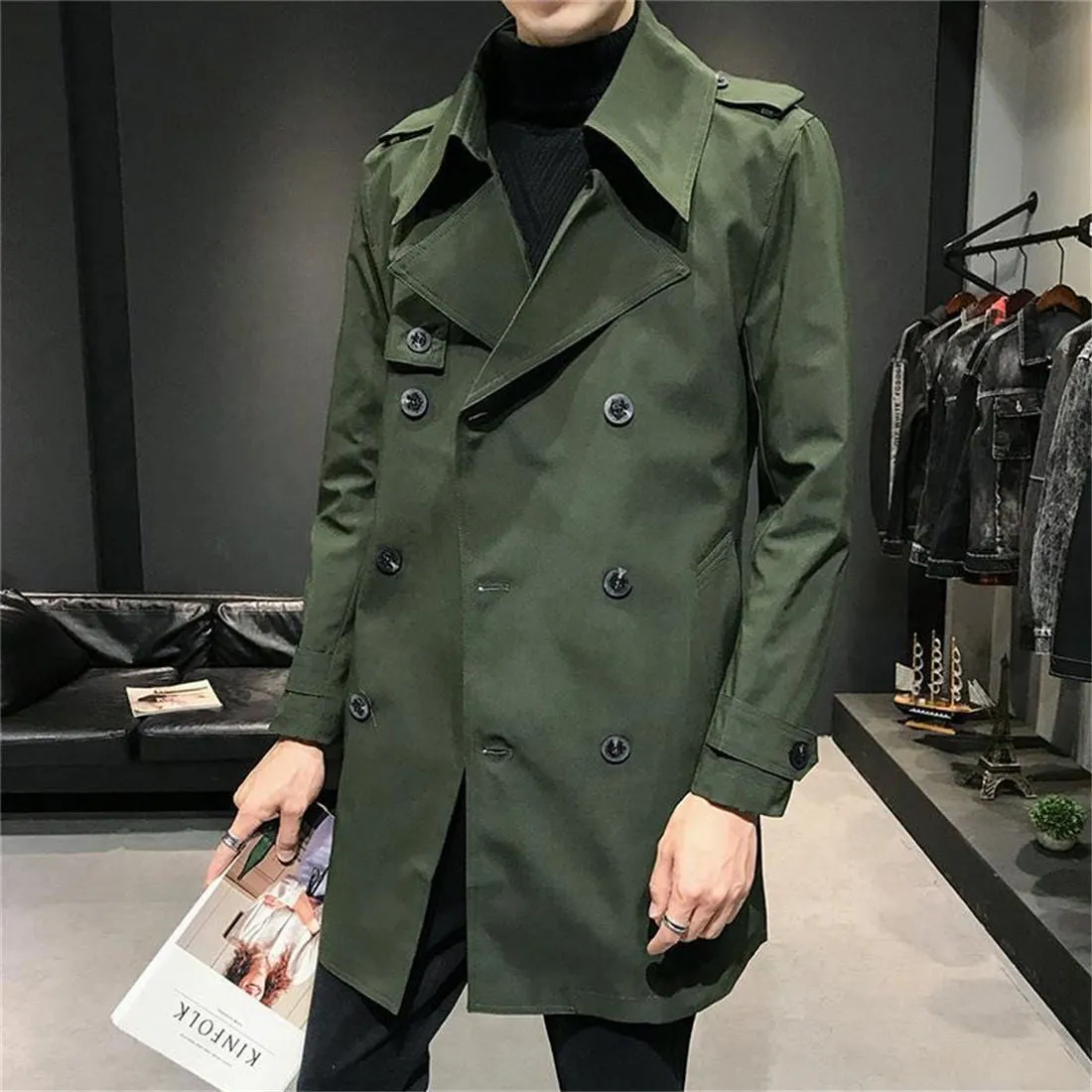 Autumn Winter Men's Jackets Double Breasted Medium-Long Trench Coat Male Solid Color Coats Fashion Windbreaker Outwears K53