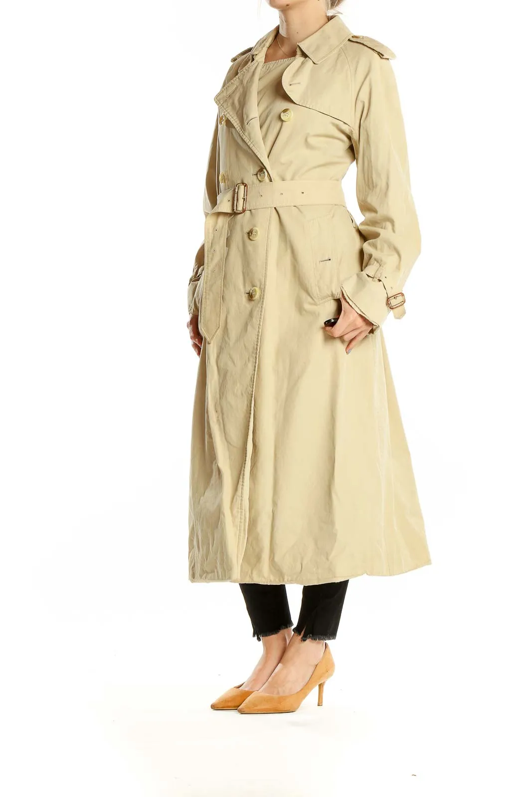 Beige Double Breasted Notch Lapel Trench Coat