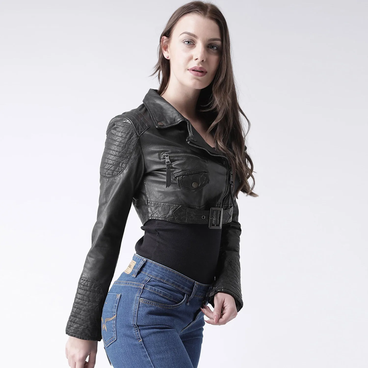 Black Classic Biker Jacket In Buff Aegean Leather For Women Brune & Bareskin