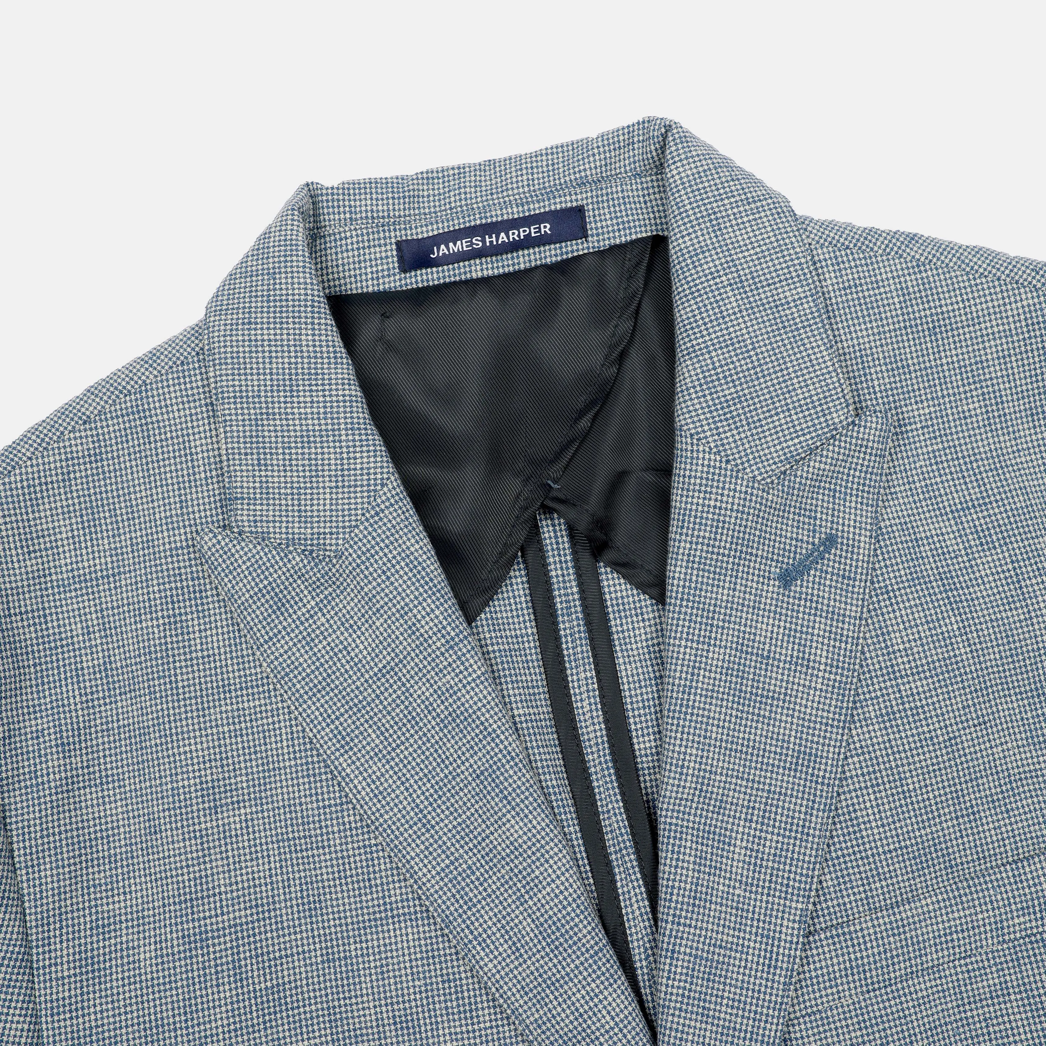 Blue Linen Peak Lapel Houndstooth Blazer