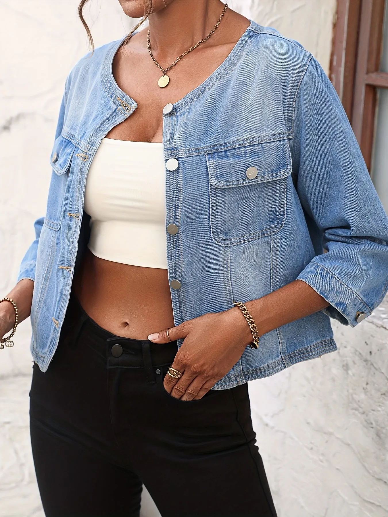 Blue Round Neck Denim Jackets