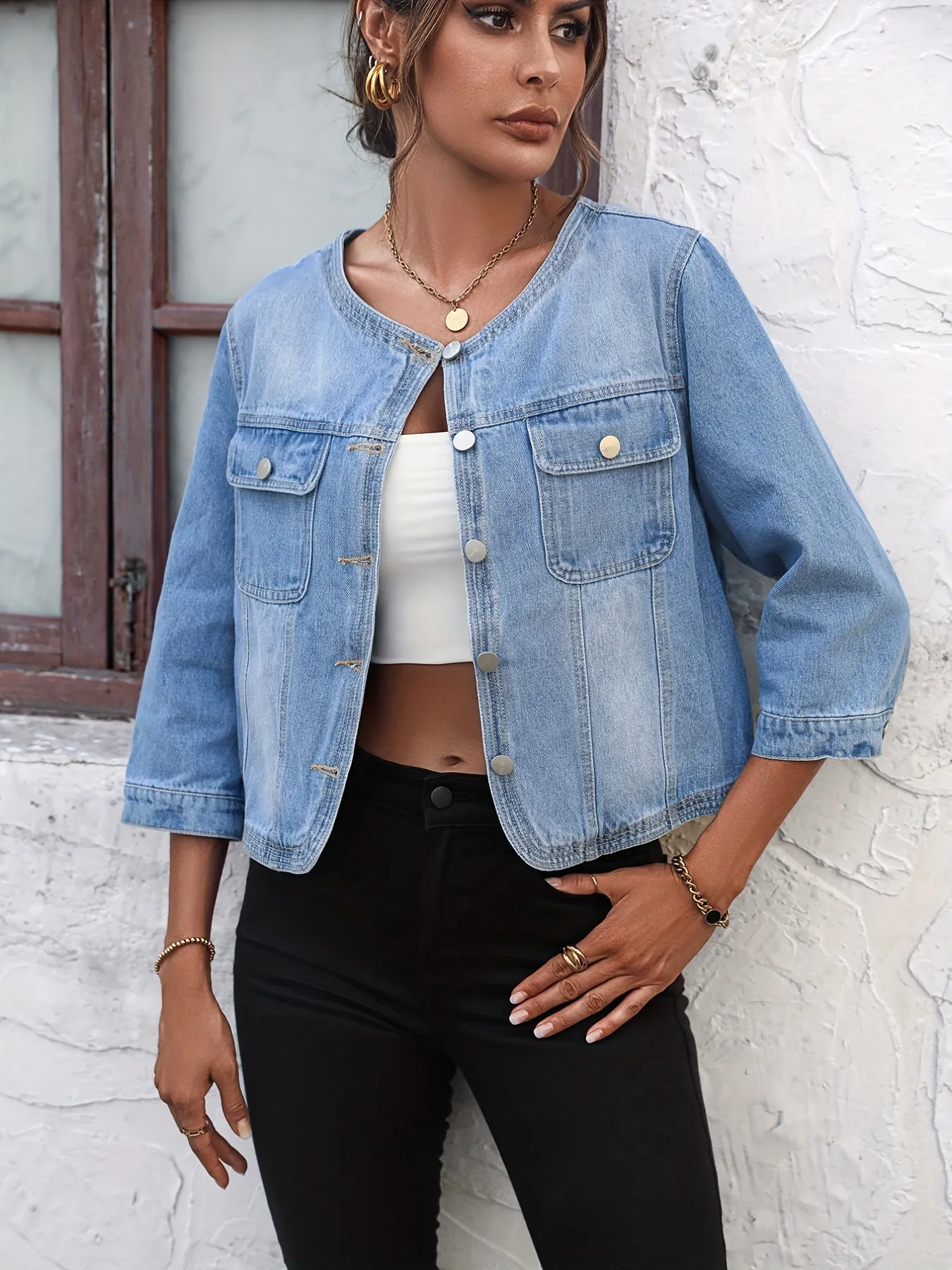 Blue Round Neck Denim Jackets