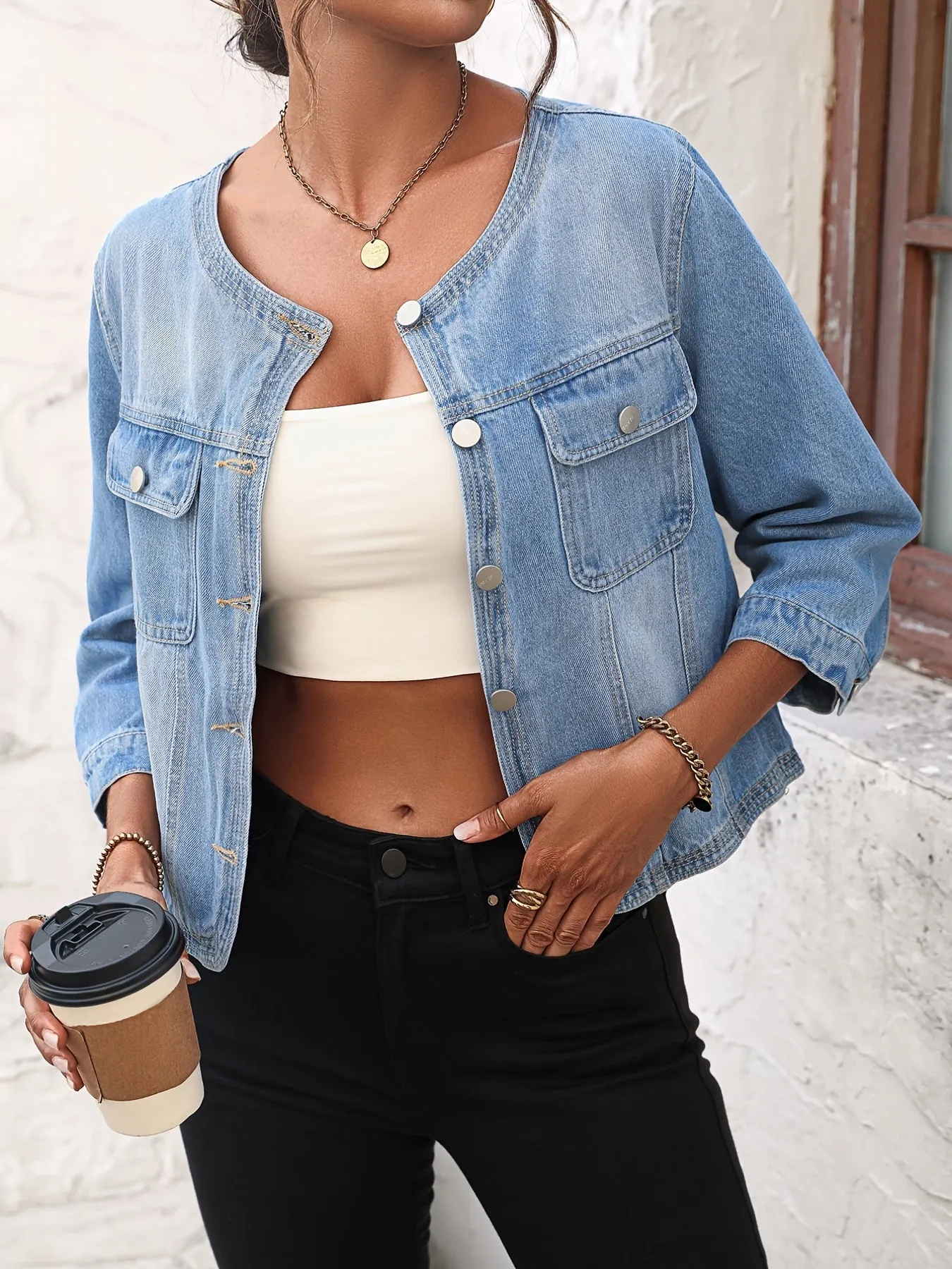 Blue Round Neck Denim Jackets