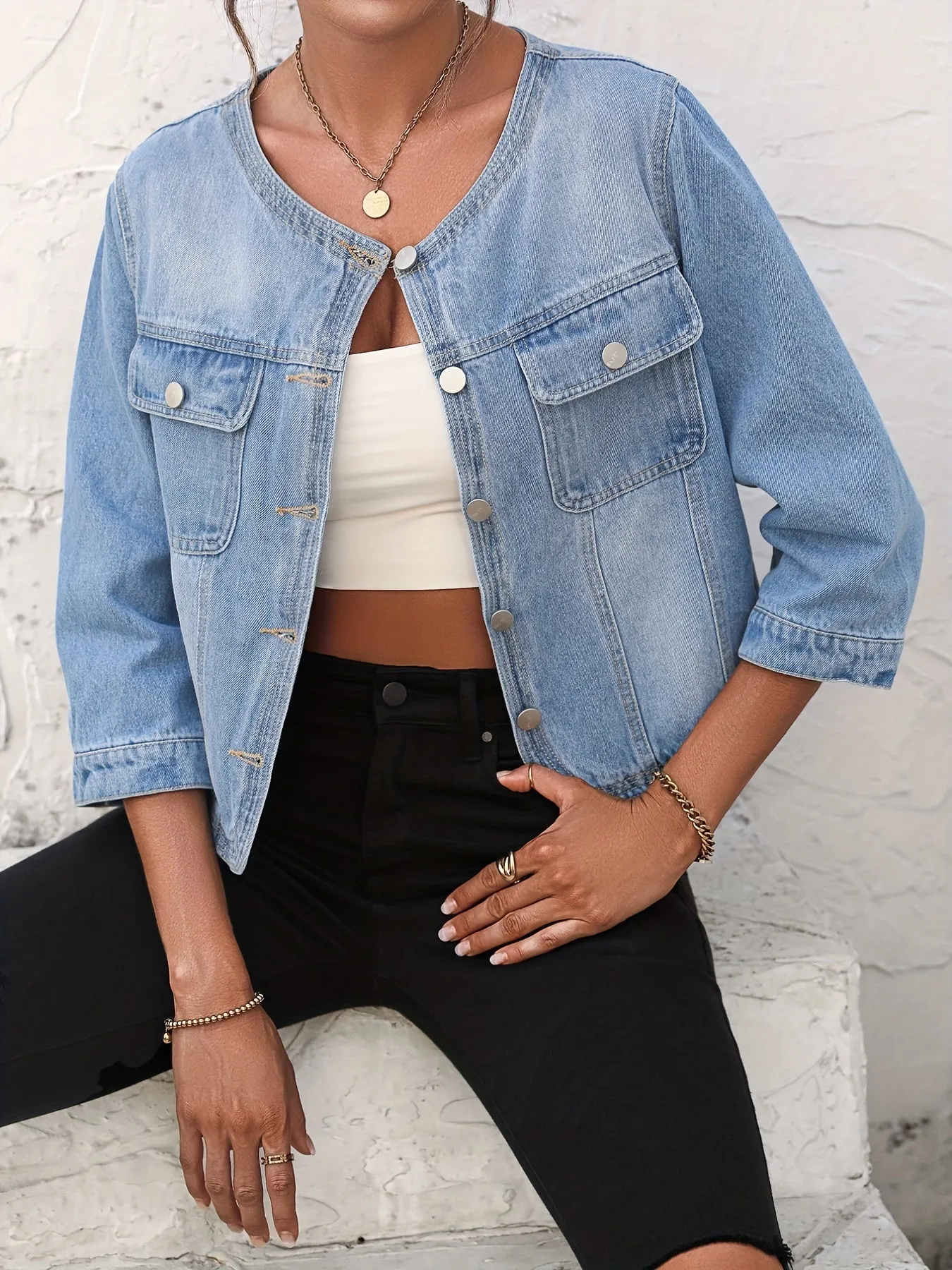 Blue Round Neck Denim Jackets