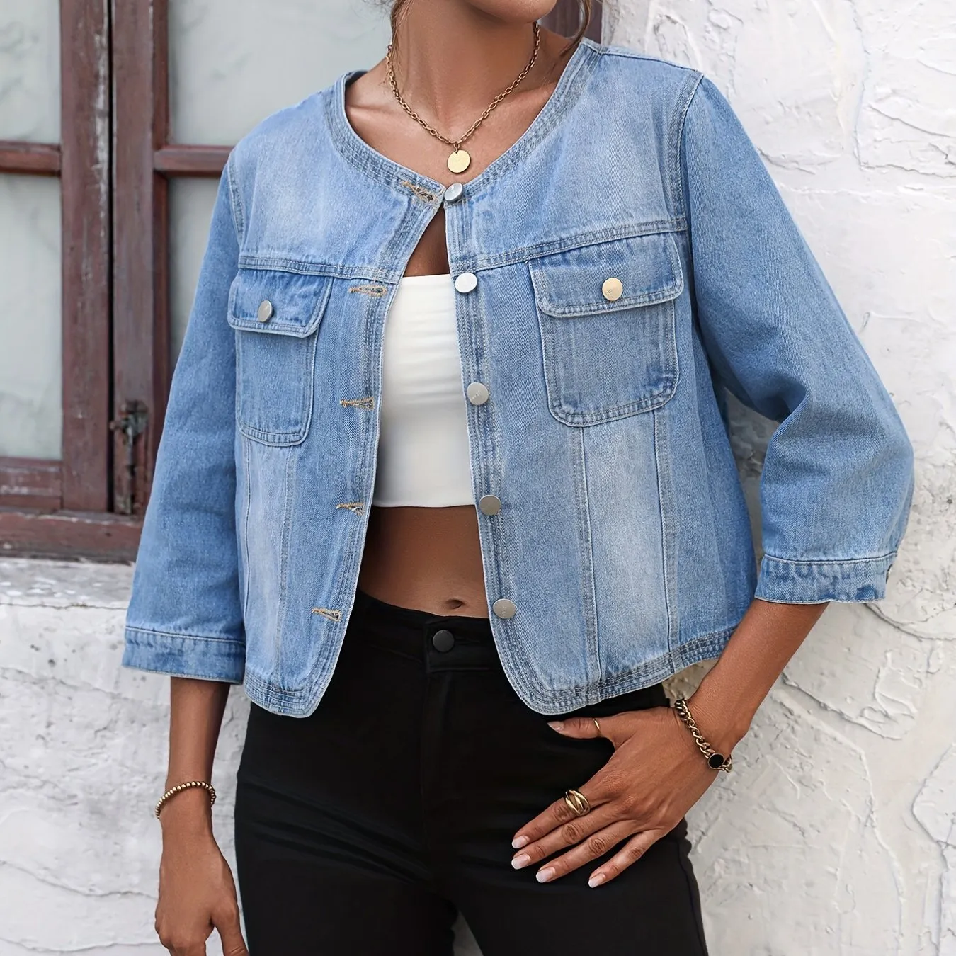 Blue Round Neck Denim Jackets