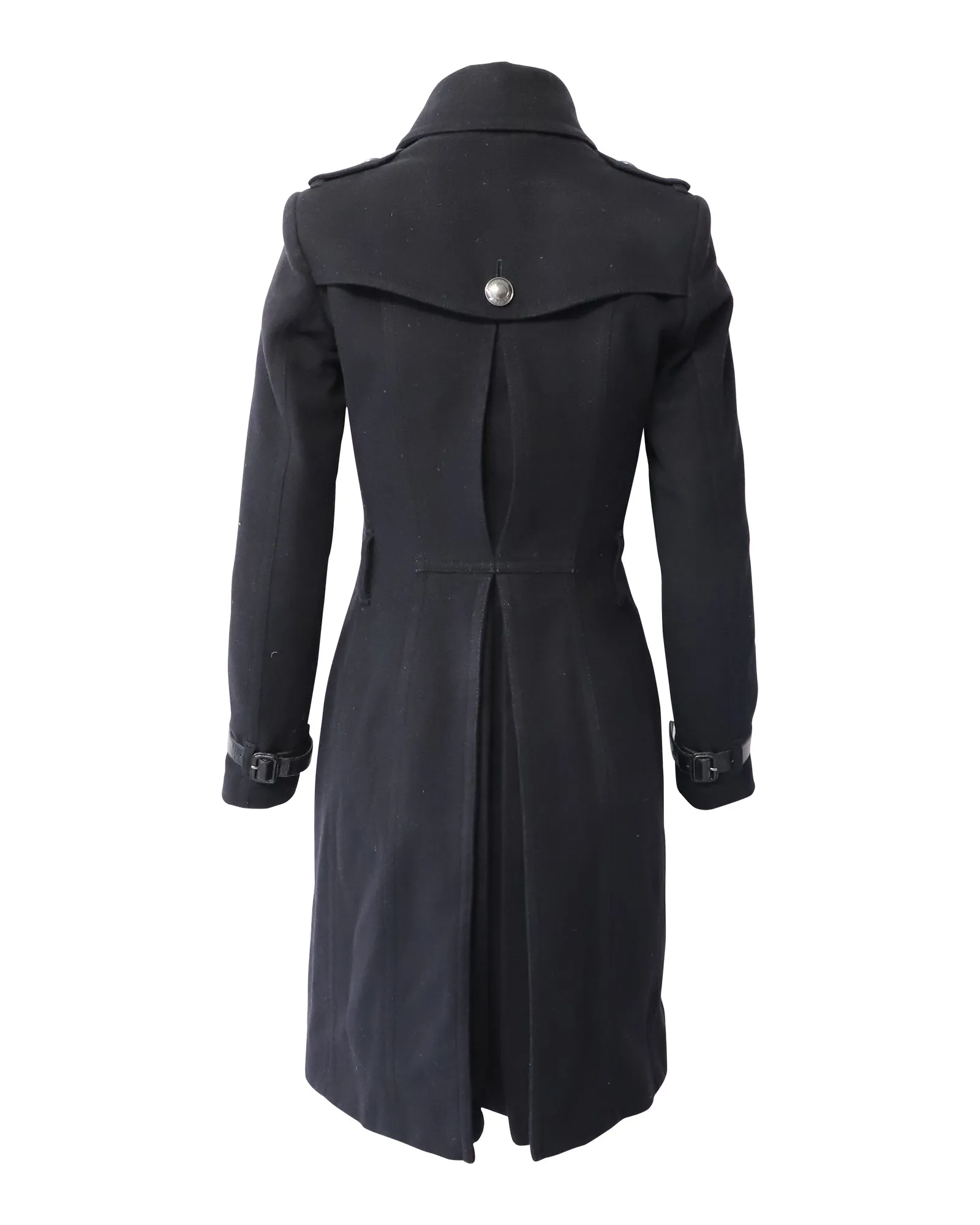 Burberry Double-Breasted Trench Coat with Leather Detail in Black Wool