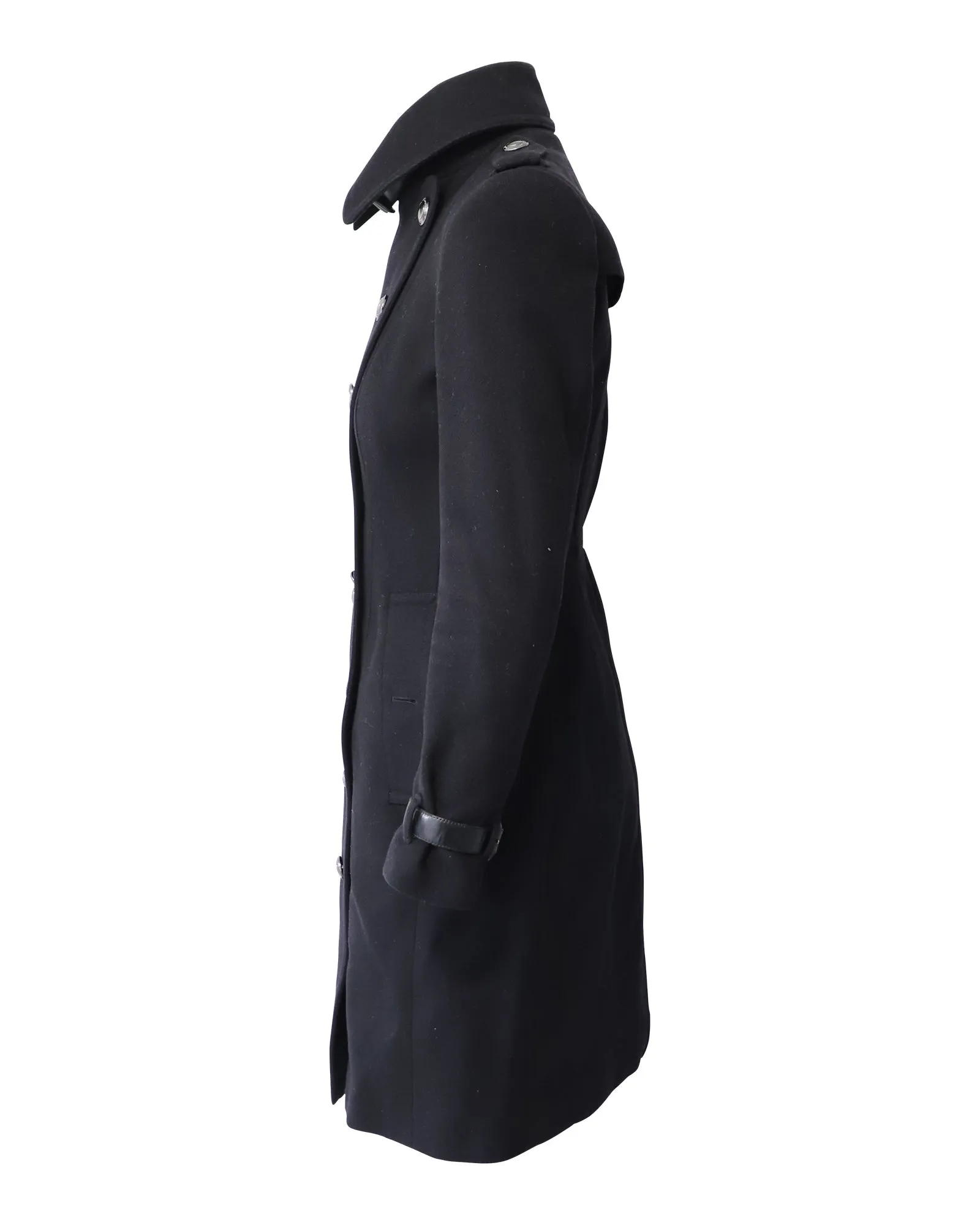 Burberry Double-Breasted Trench Coat with Leather Detail in Black Wool