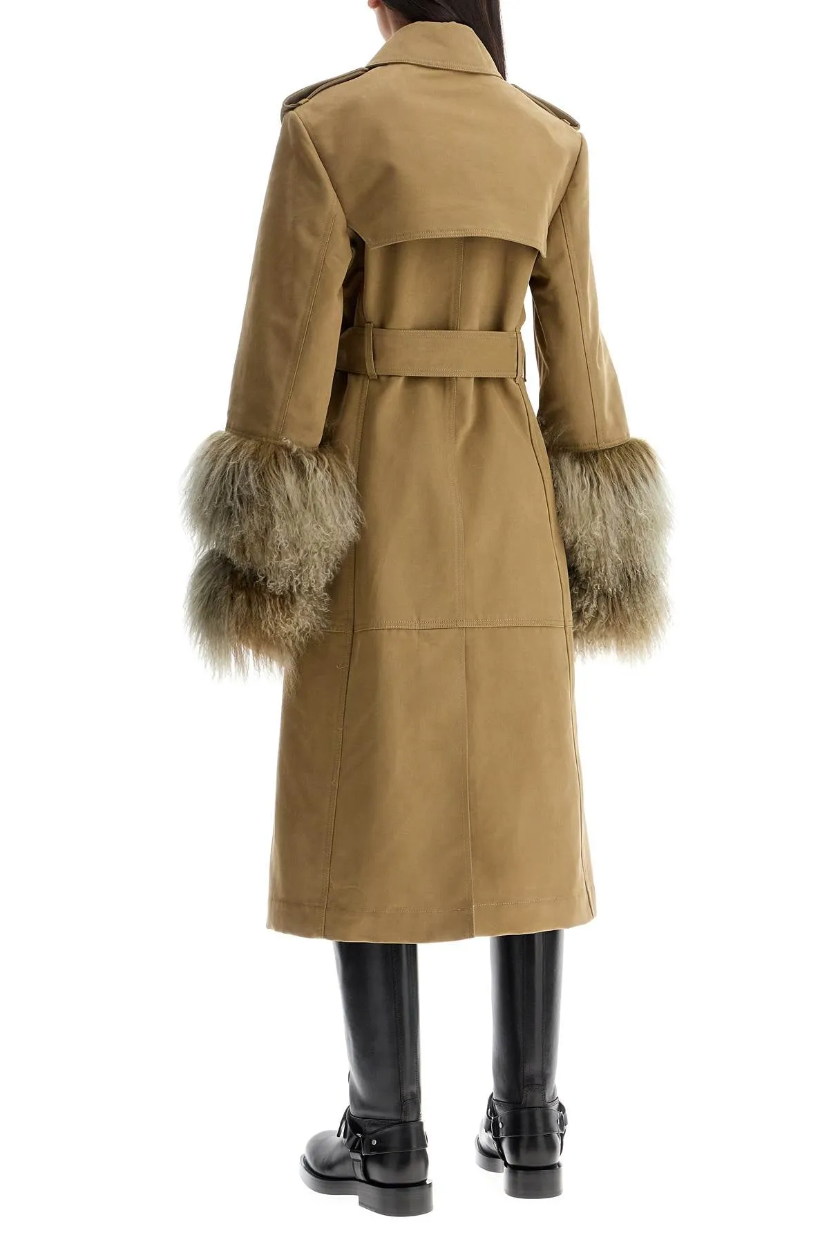 Burberry Long Trench Coat With Shearling Cuffs