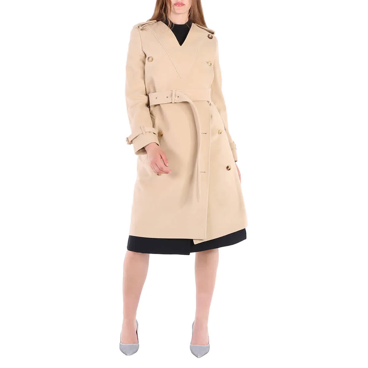 BURBERRY SOFT FAWN V-NECK CASHMERE WOOL BLEND TRENCH COAT