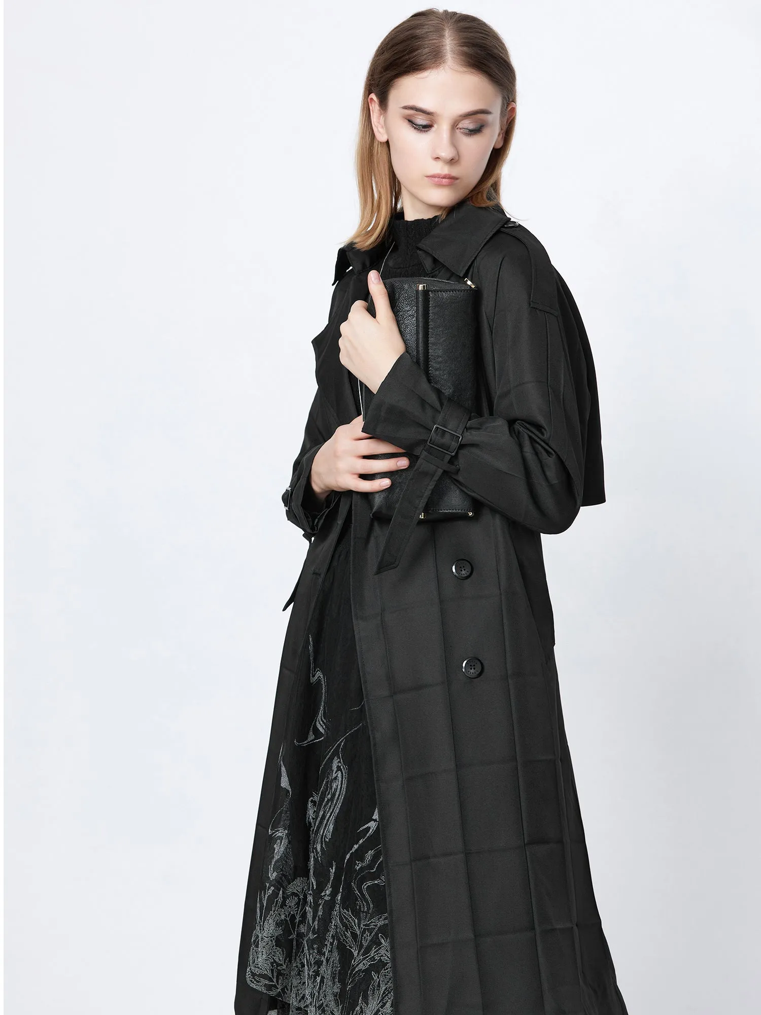 Casual Lapel Double Breasted Waist Retraction Long Trench Coat