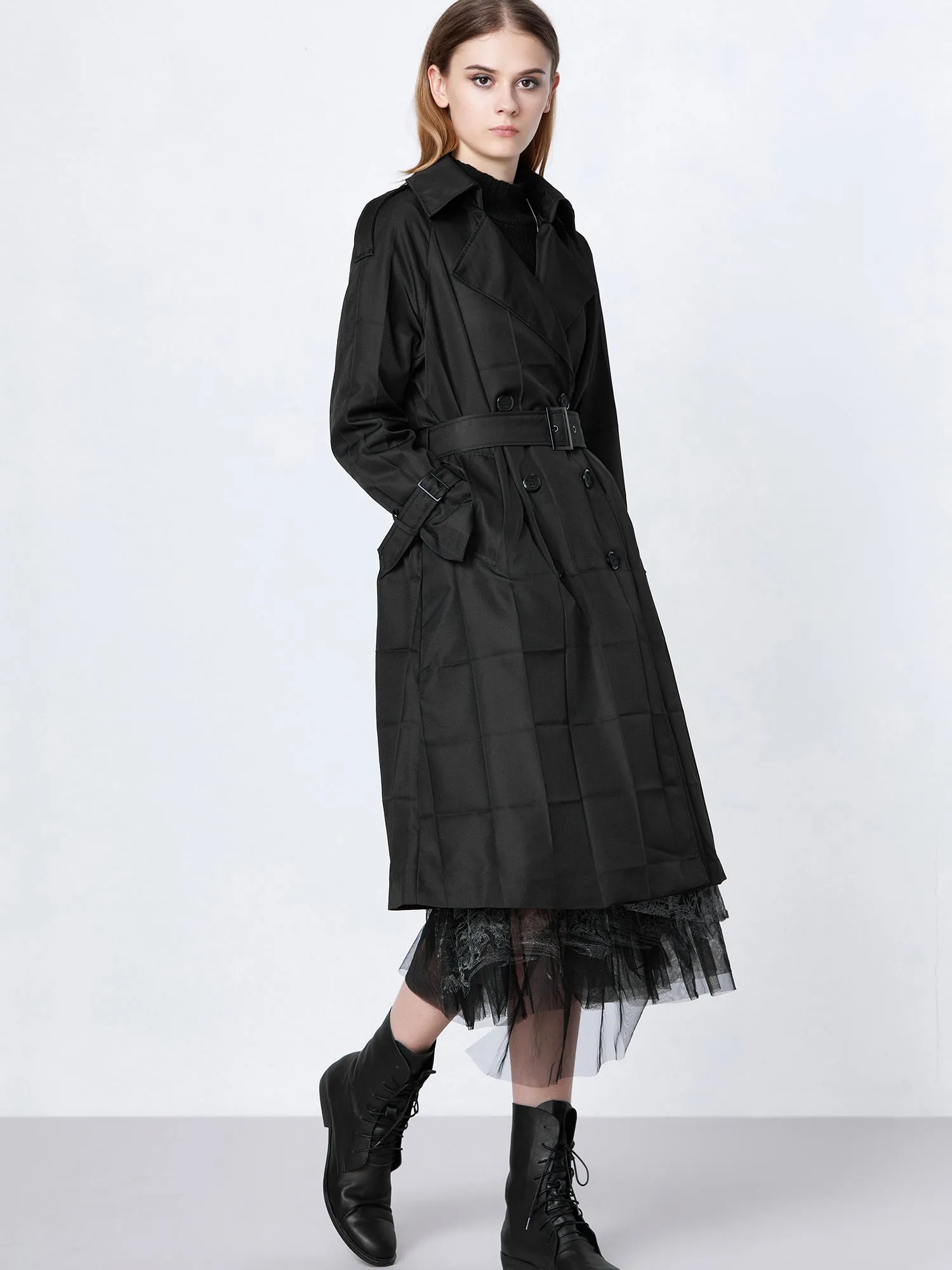 Casual Lapel Double Breasted Waist Retraction Long Trench Coat