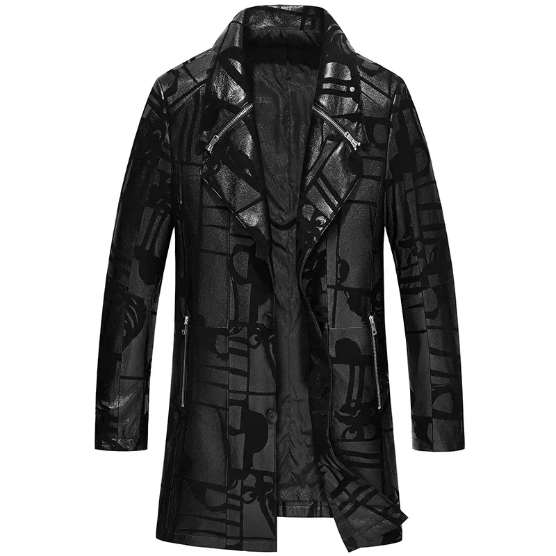 CLEARANCE / Men's Black Natural Leather trench coat with Print