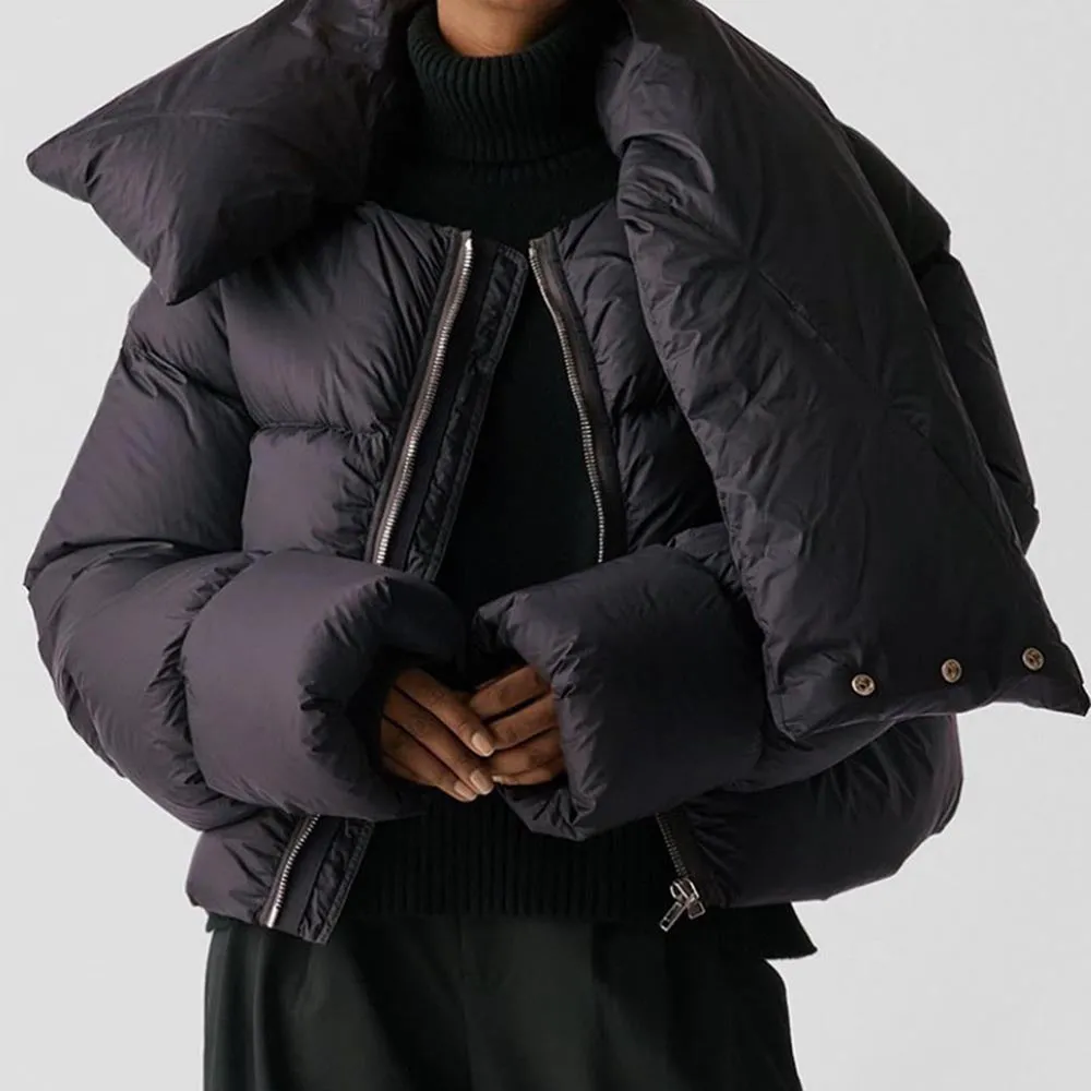 cold weather outfits Joskaa Winter Women Big Lapel Puffer Jacket Warm Thick Scarf Collar Bubble Coats Zipper Black Turtleneck Parkas Down Oversized Outcoats