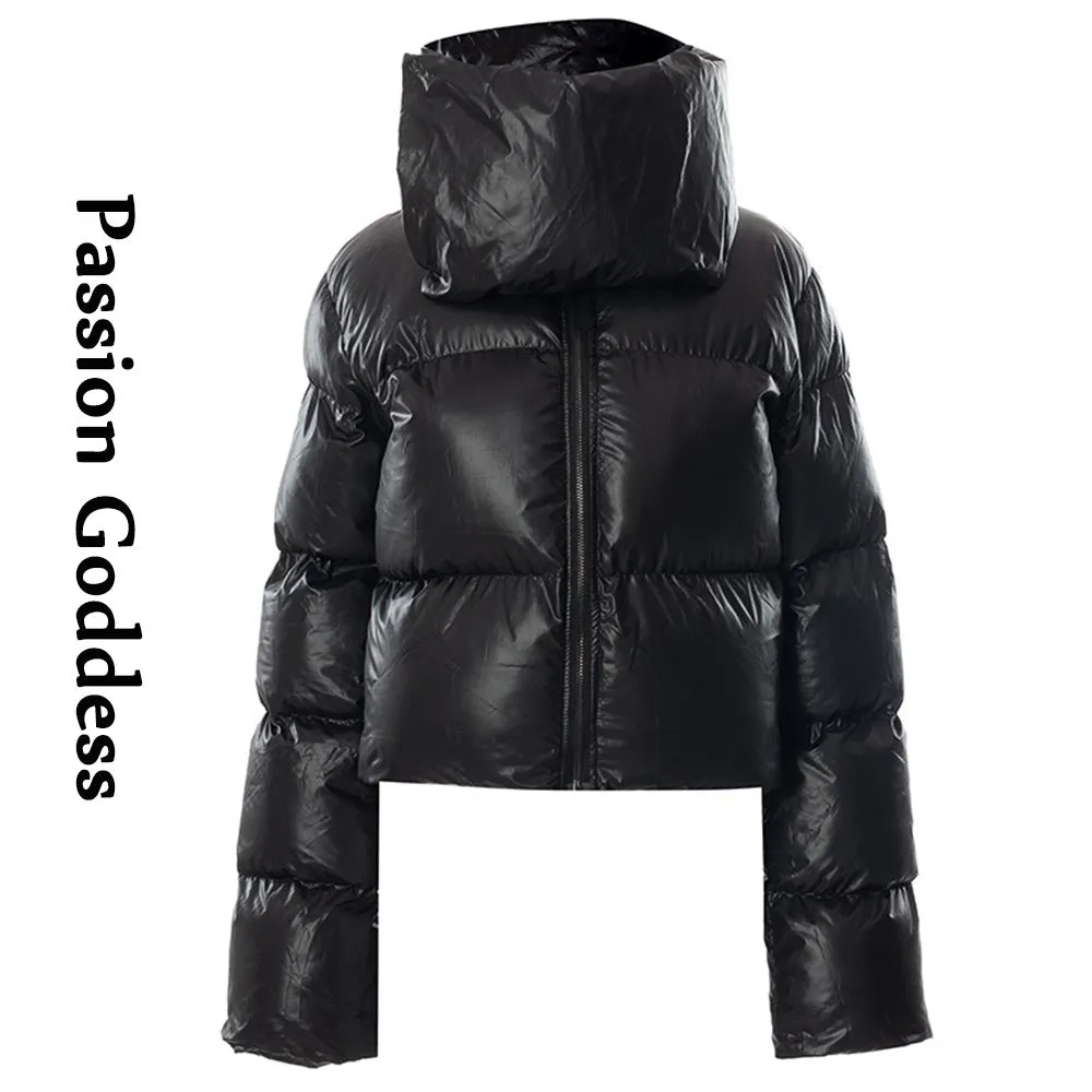 cold weather outfits Joskaa Winter Women Big Lapel Puffer Jacket Warm Thick Scarf Collar Bubble Coats Zipper Black Turtleneck Parkas Down Oversized Outcoats