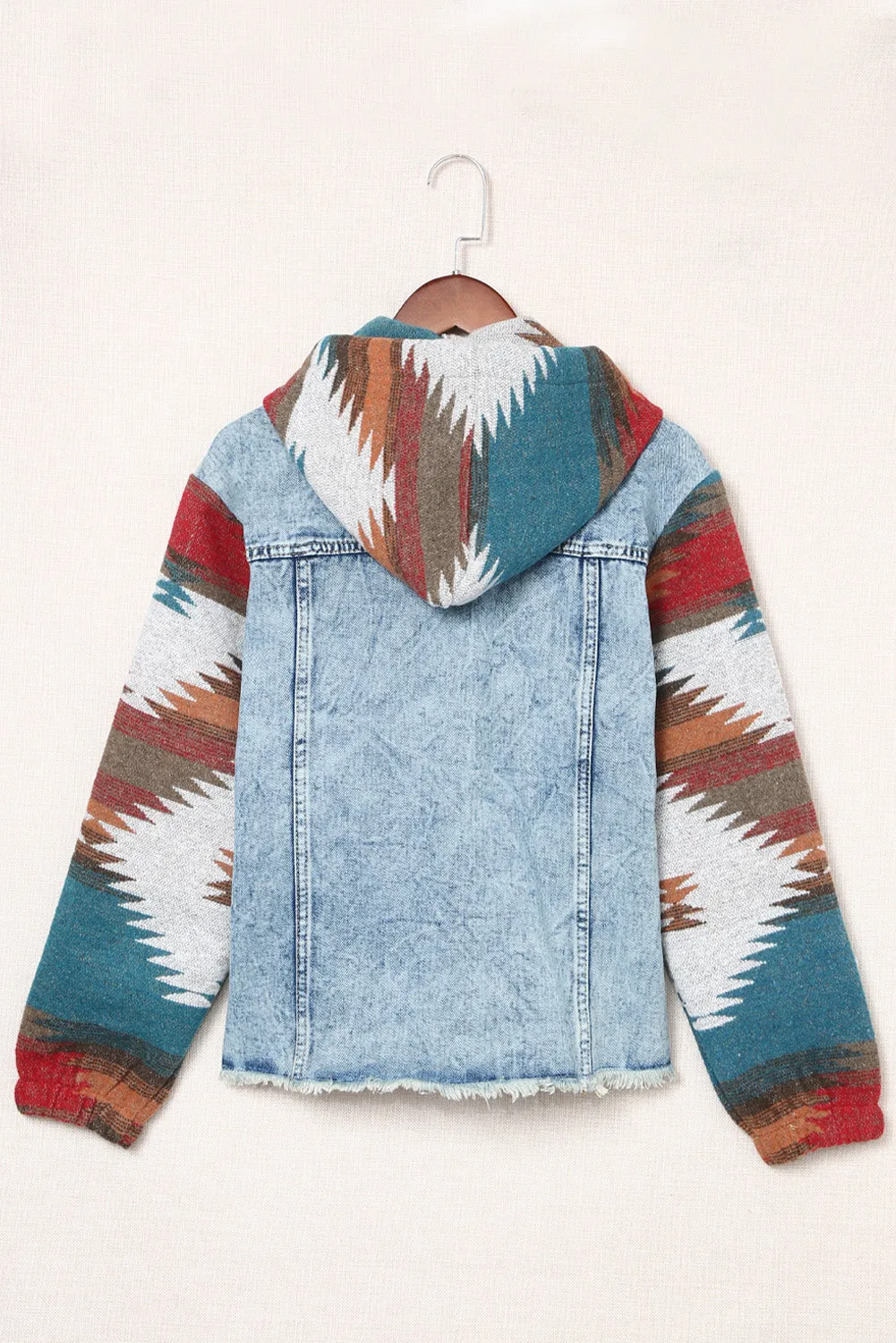 color Aztec Print Frayed Hem Denim Jacket