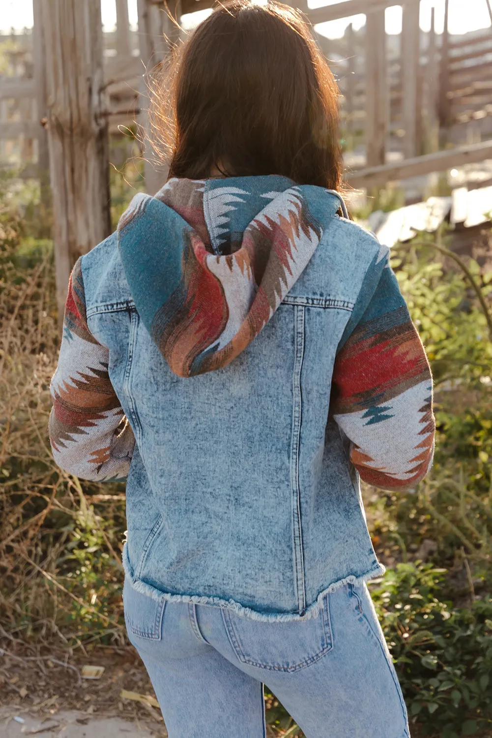 color Aztec Print Frayed Hem Denim Jacket