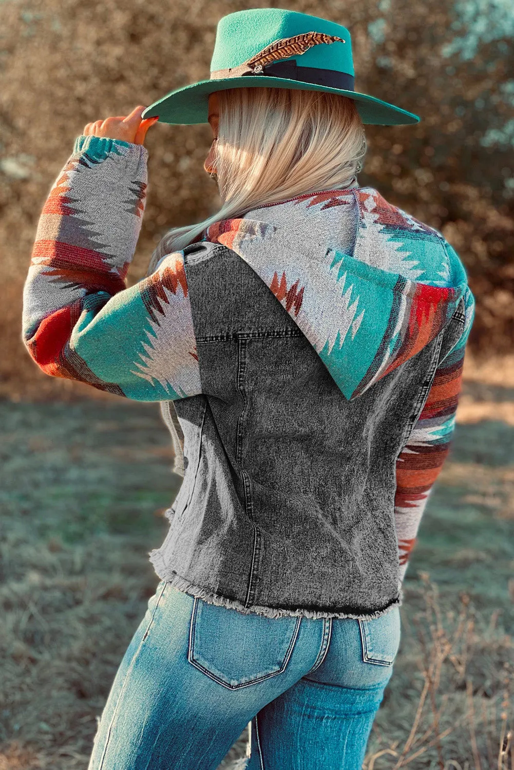 color Aztec Print Frayed Hem Denim Jacket