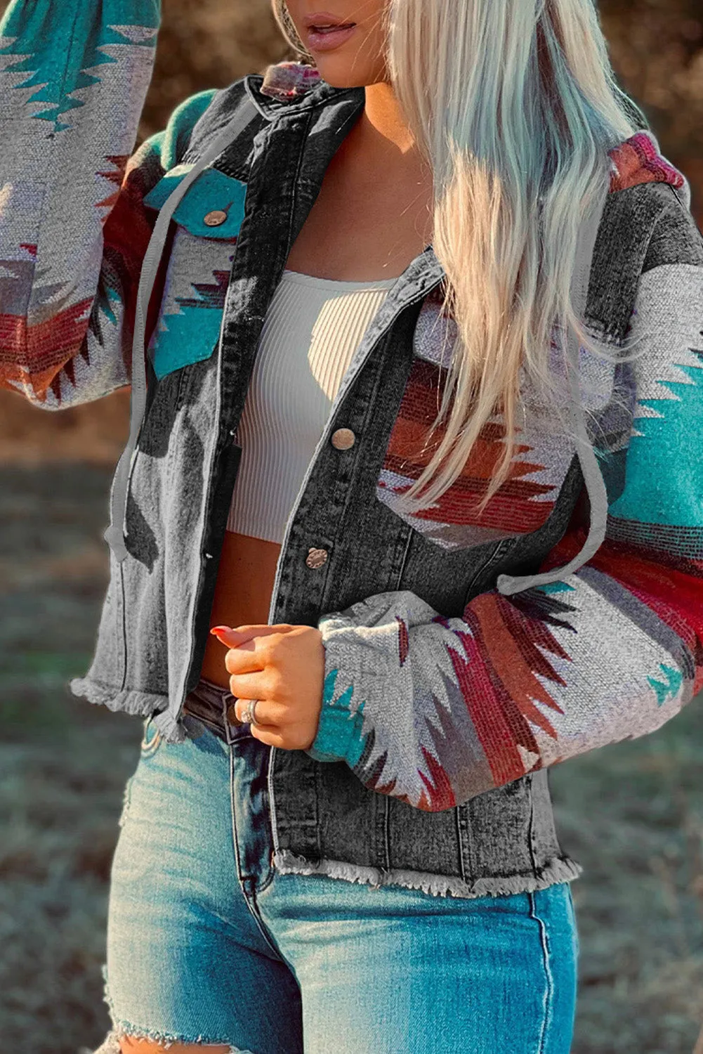 color Aztec Print Frayed Hem Denim Jacket