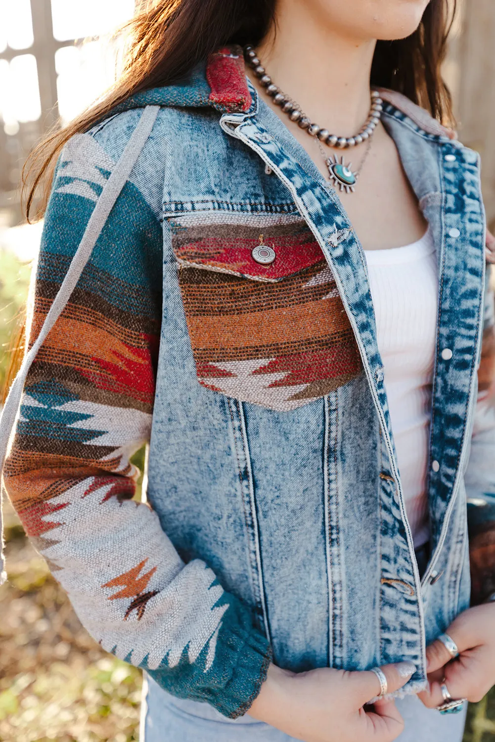 color Aztec Print Frayed Hem Denim Jacket