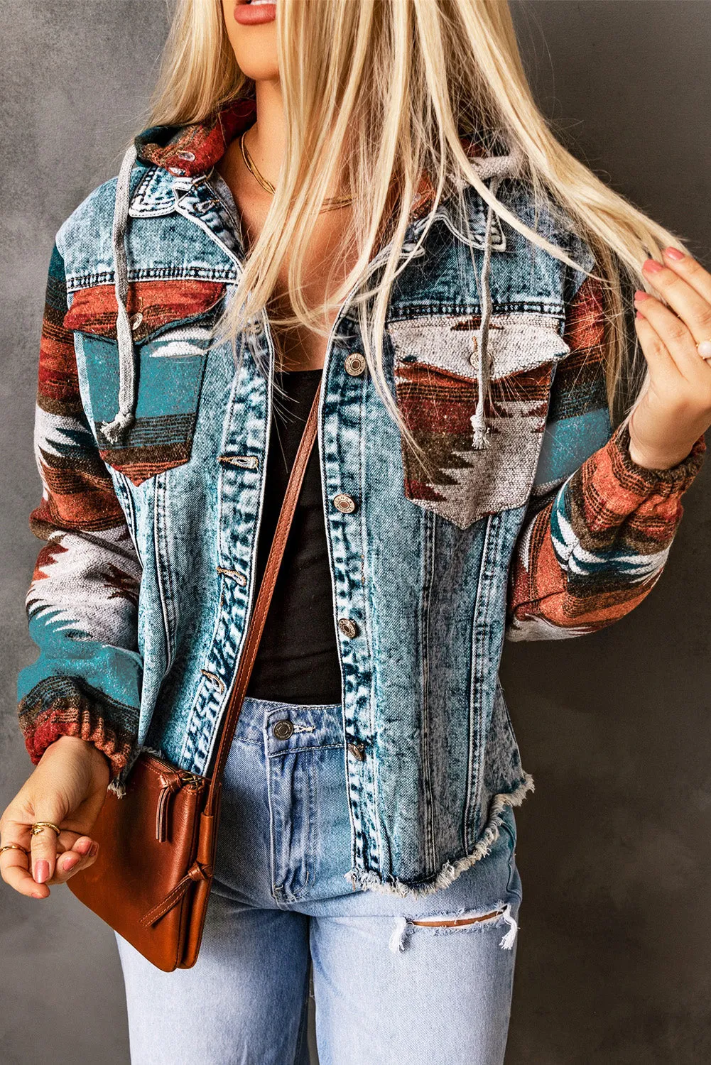 color Aztec Print Frayed Hem Denim Jacket