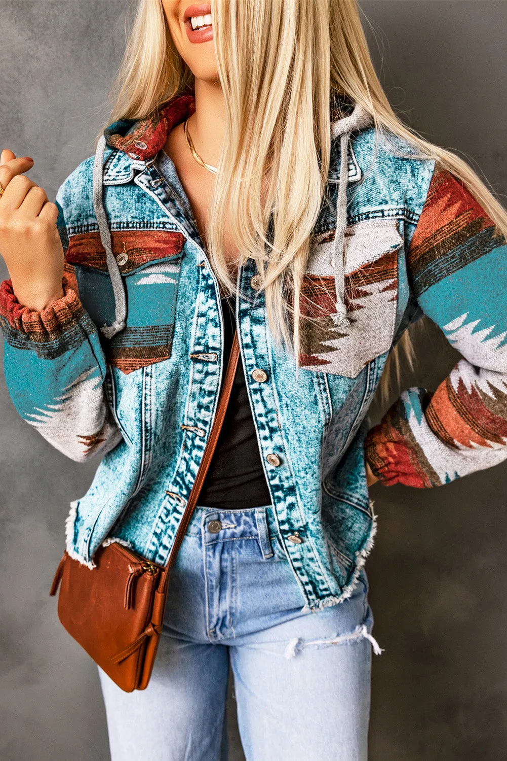 color Aztec Print Frayed Hem Denim Jacket