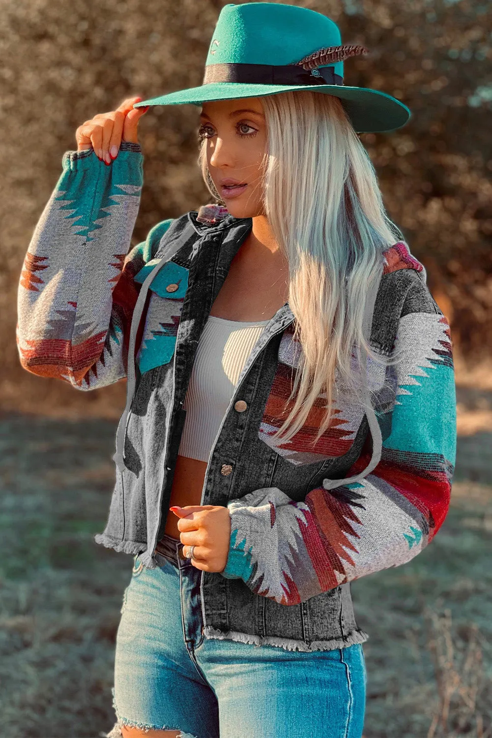 color Aztec Print Frayed Hem Denim Jacket