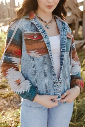 color Aztec Print Frayed Hem Denim Jacket