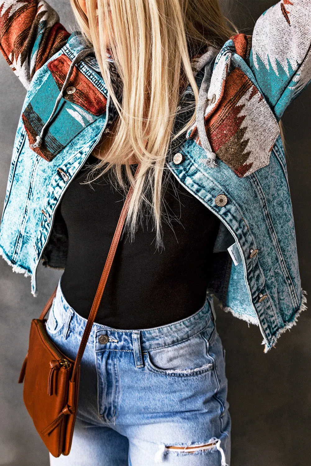 color Aztec Print Frayed Hem Denim Jacket