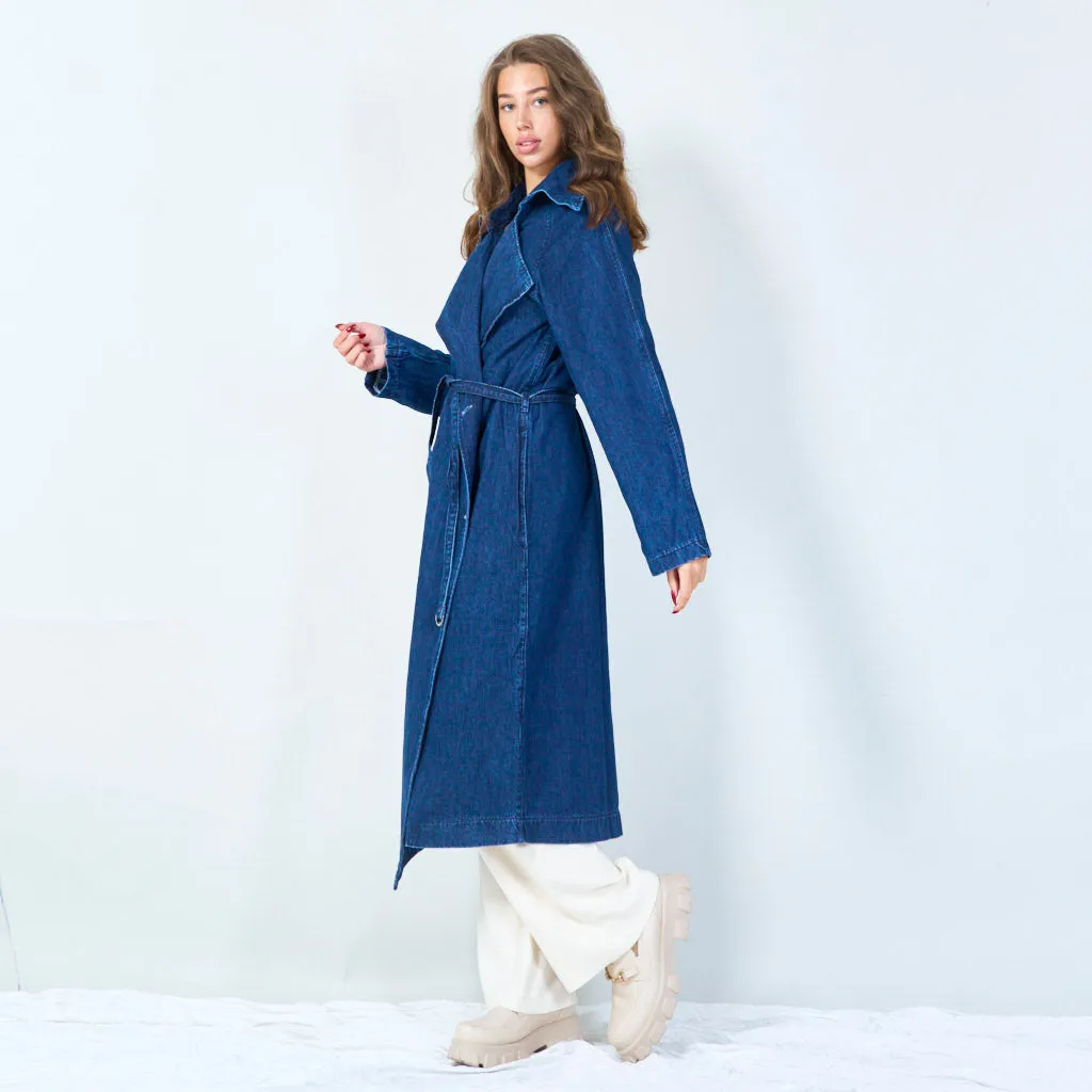 Double-breasted denim trench coat with waist tie wholesale