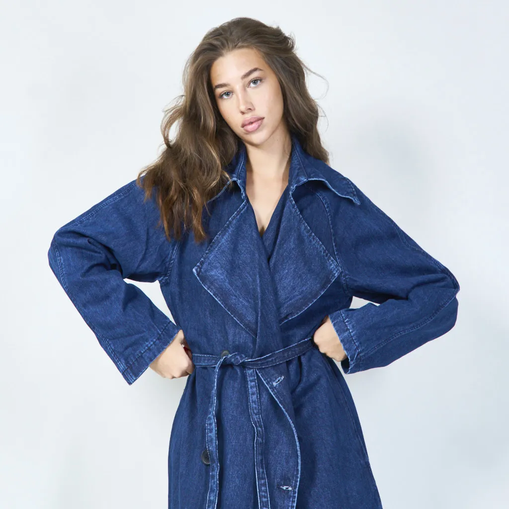 Double-breasted denim trench coat with waist tie wholesale