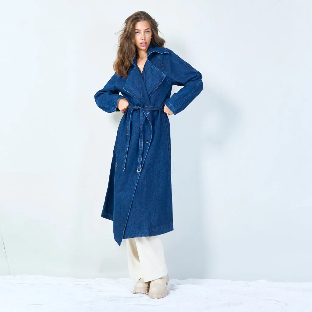 Double-breasted denim trench coat with waist tie wholesale