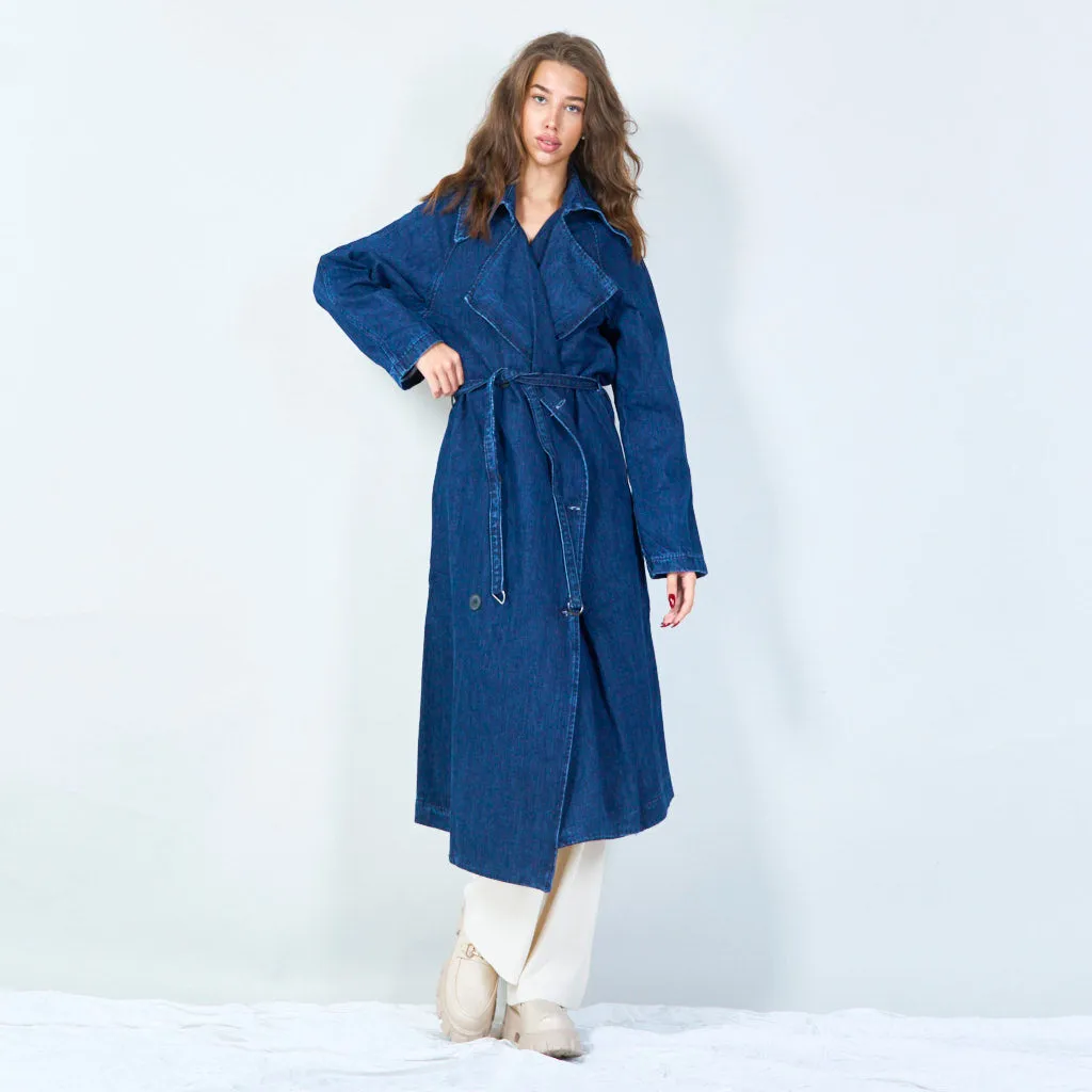 Double-breasted denim trench coat with waist tie wholesale