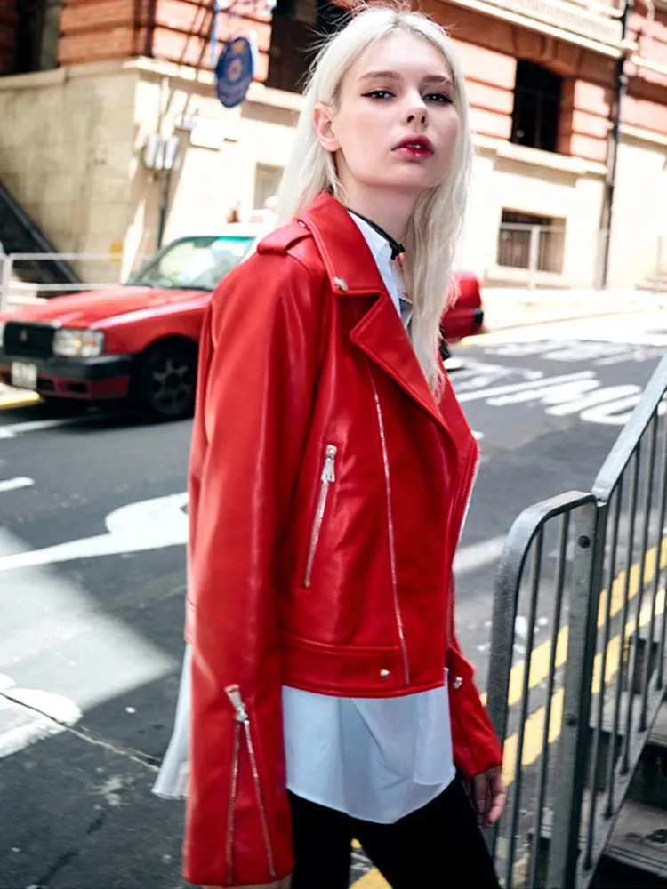 Edgy Red Biker Jacket PU Leather Autumn Outerwear