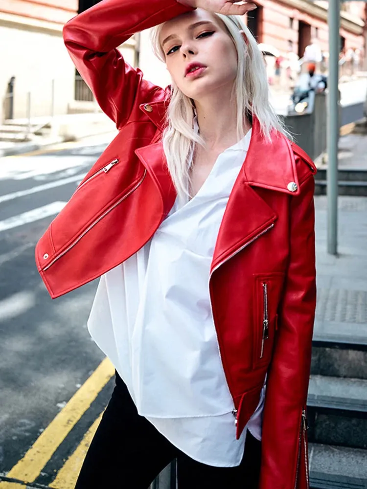 Edgy Red Biker Jacket PU Leather Autumn Outerwear