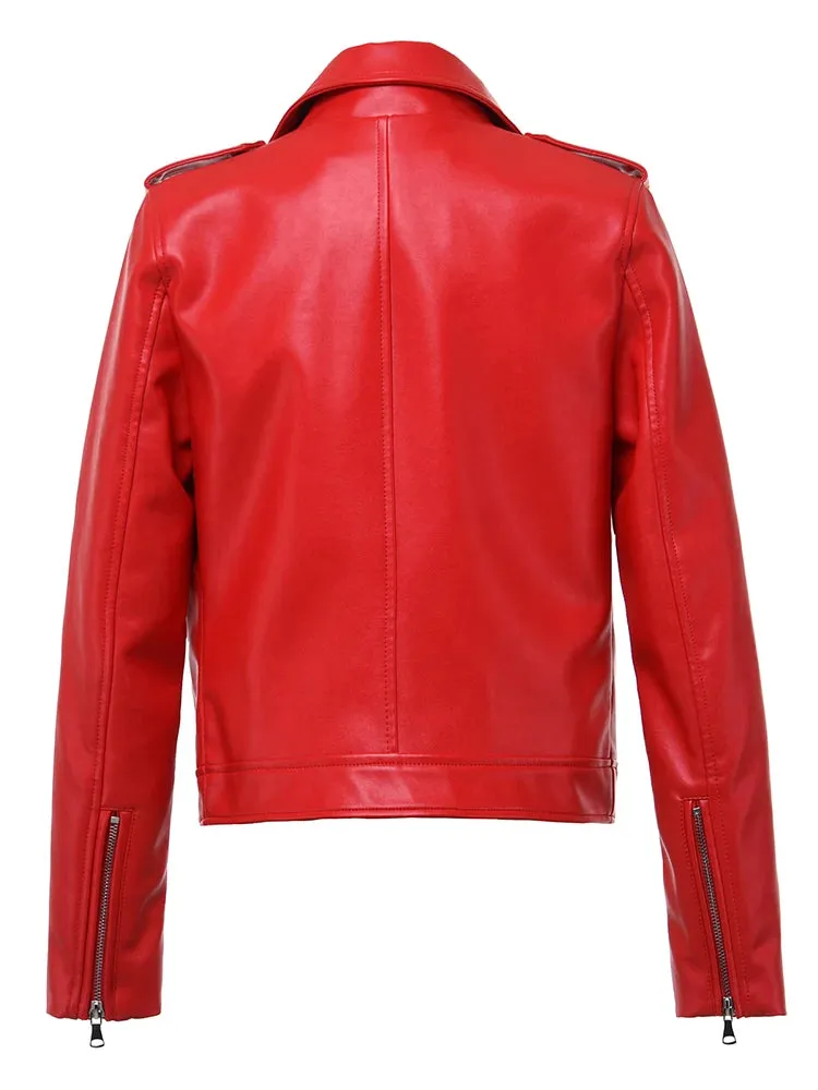 Edgy Red Biker Jacket PU Leather Autumn Outerwear