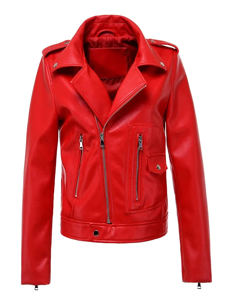 Edgy Red Biker Jacket PU Leather Autumn Outerwear