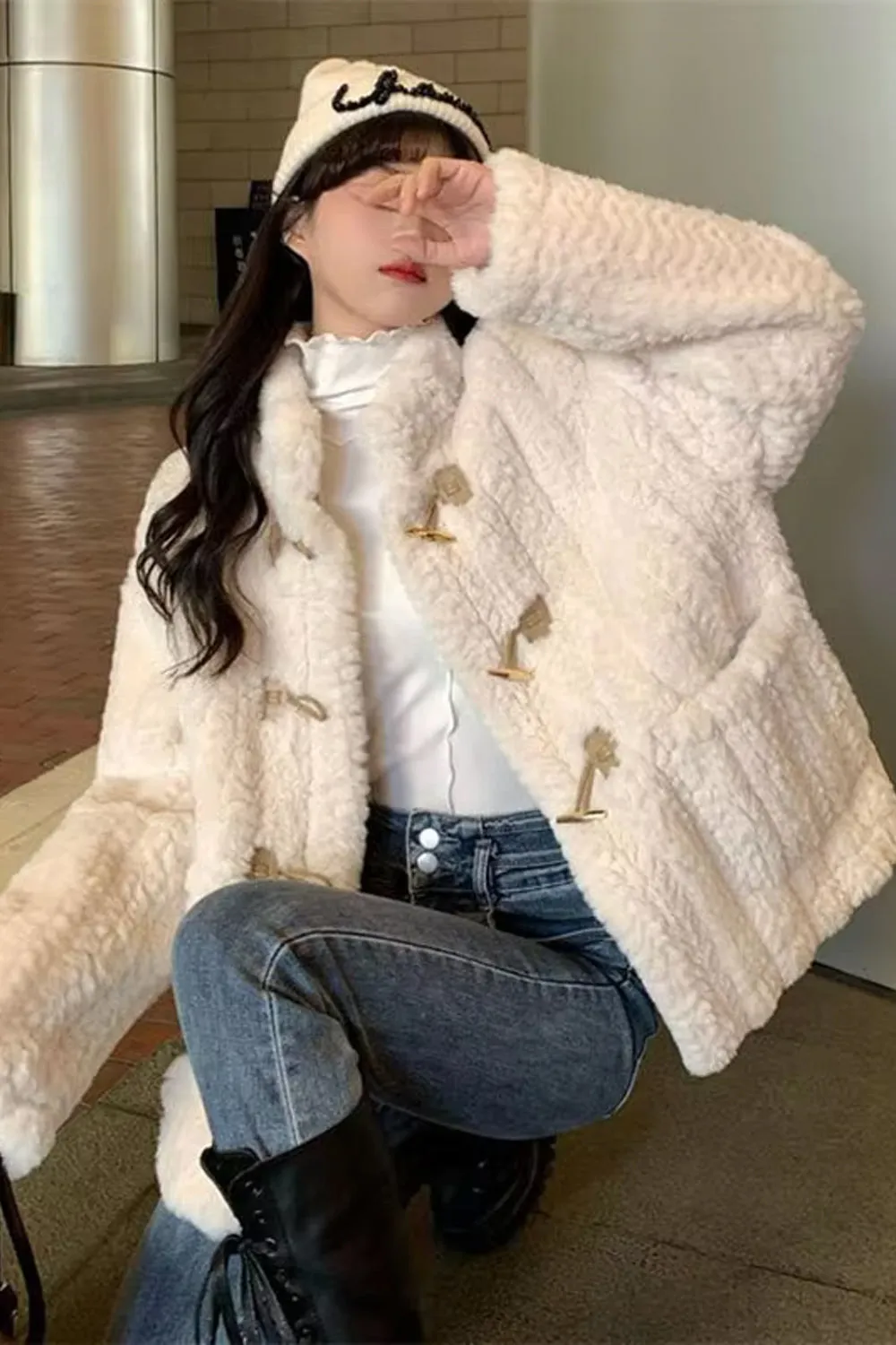 Flytonn-cute winter outfits casual winter outfits christmas outfit party look inspos Loose Wool Knitting Casual Jacket