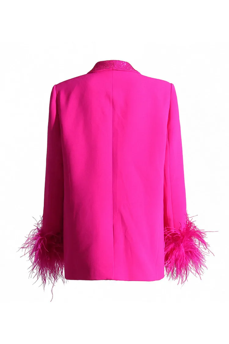 Glittering Rhinestone Shawl Collar Feather Trim Cinch Waist Party Blazer