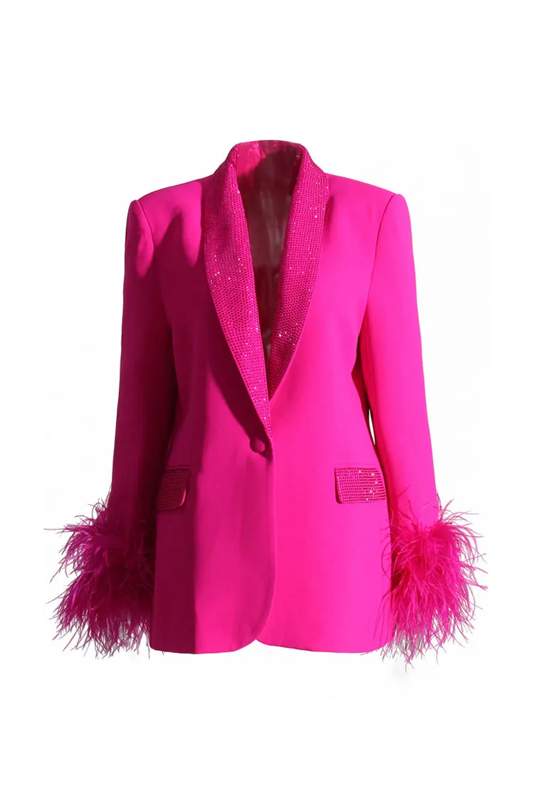 Glittering Rhinestone Shawl Collar Feather Trim Cinch Waist Party Blazer