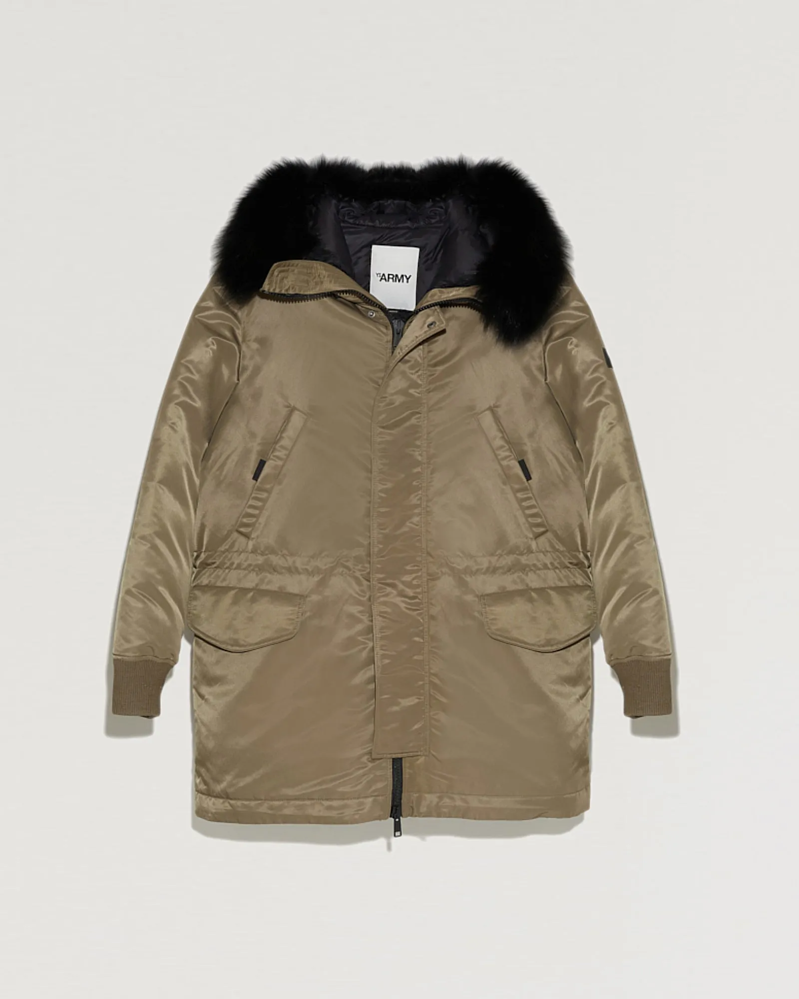 Hooded down jacket in technical fabric with fox fur