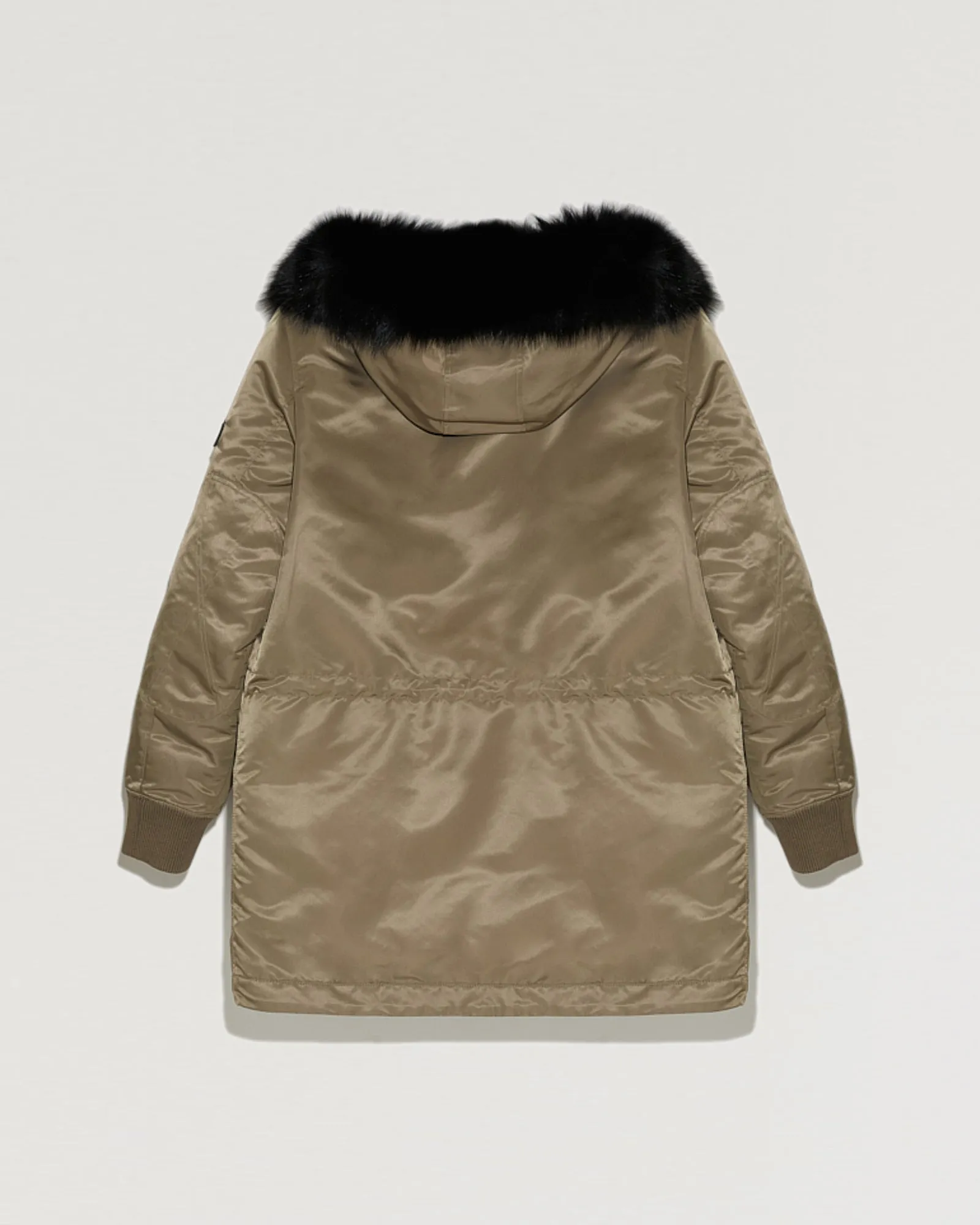 Hooded down jacket in technical fabric with fox fur