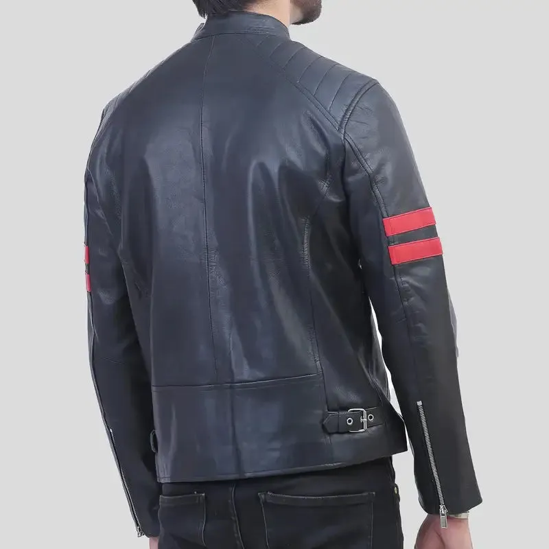 Hunter Men’s Black Leather Red Striped Cafe Racer Jacket