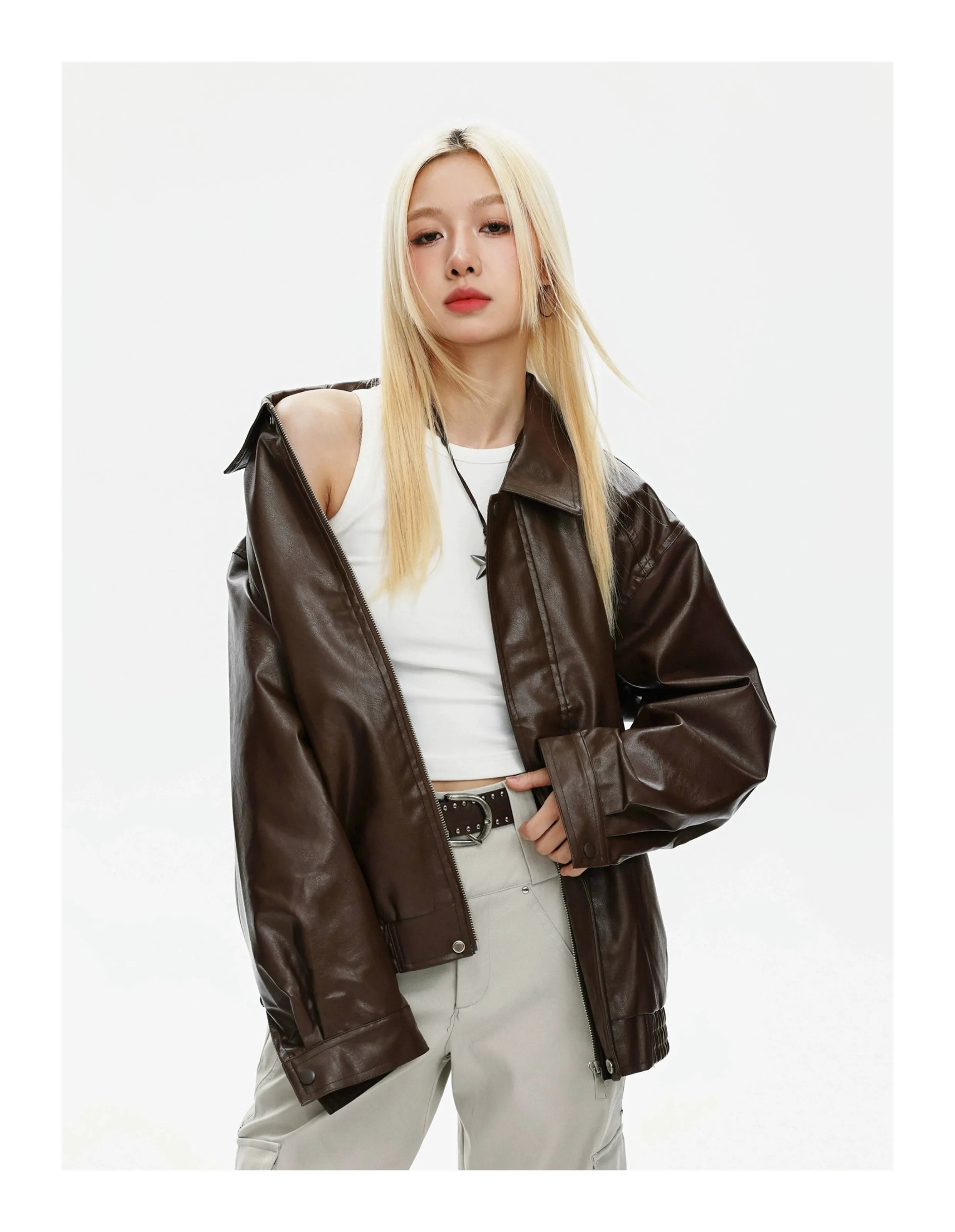 Jianyinz Coffee Color Retro Motorcycle Style Leather Coat Outerwear Men and Women Loose American High Sense Lapel PU Leather Jacket