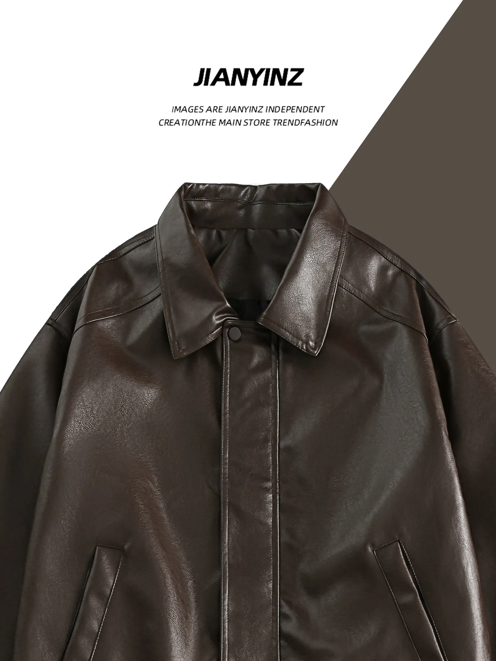 Jianyinz Coffee Color Retro Motorcycle Style Leather Coat Outerwear Men and Women Loose American High Sense Lapel PU Leather Jacket