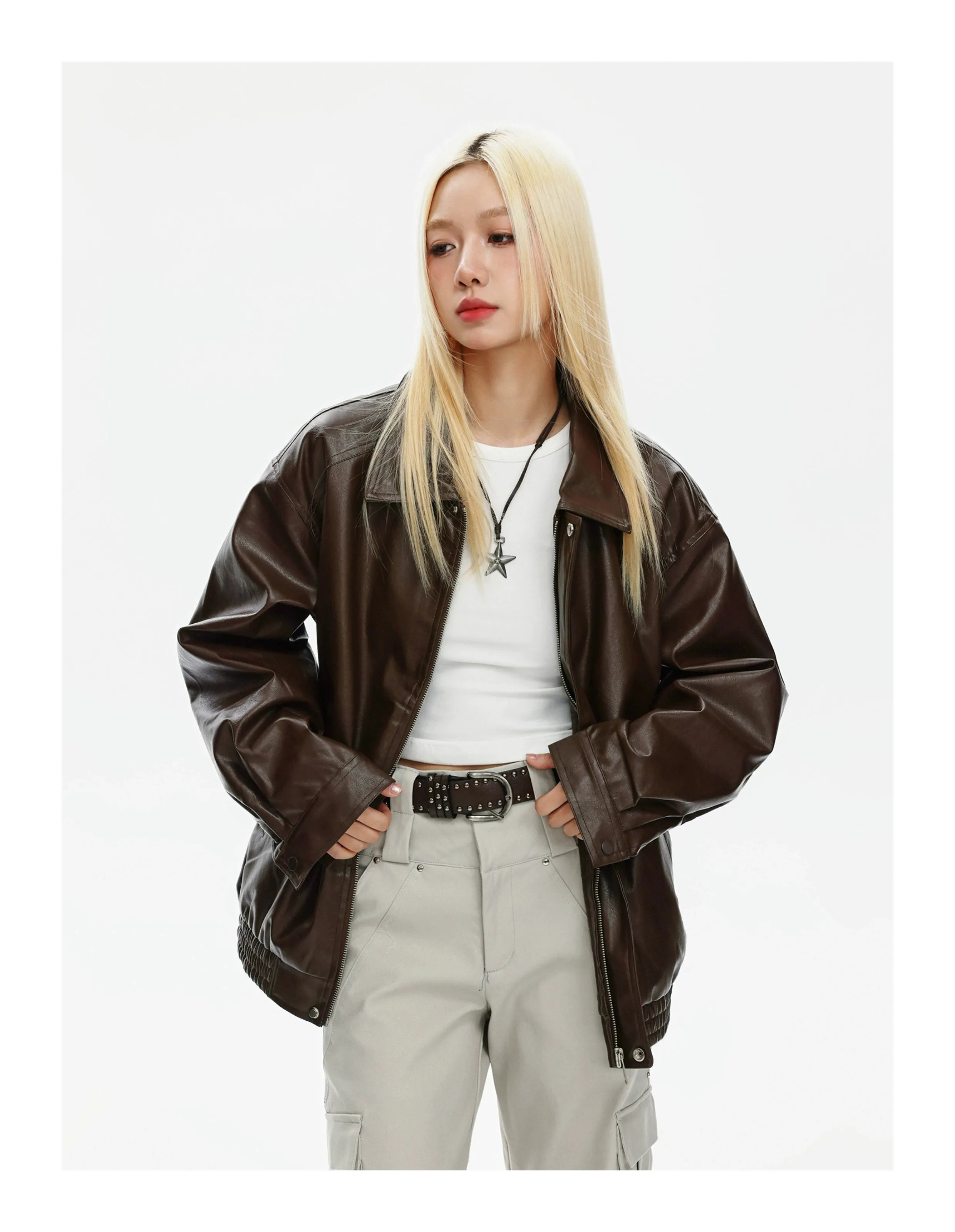 Jianyinz Coffee Color Retro Motorcycle Style Leather Coat Outerwear Men and Women Loose American High Sense Lapel PU Leather Jacket