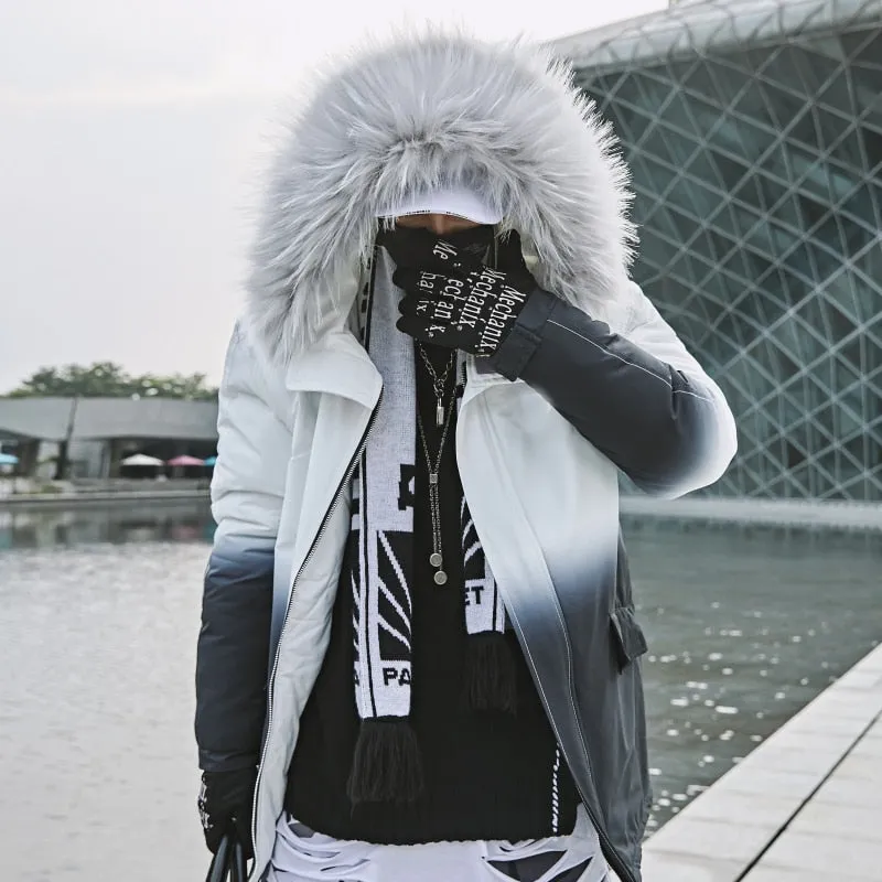 Jinquedai Winter Warm Gradient Parkas Men Women Streetwear Thick Jackets Coat Fashion Harajuku Hoody Fur Collar Coats