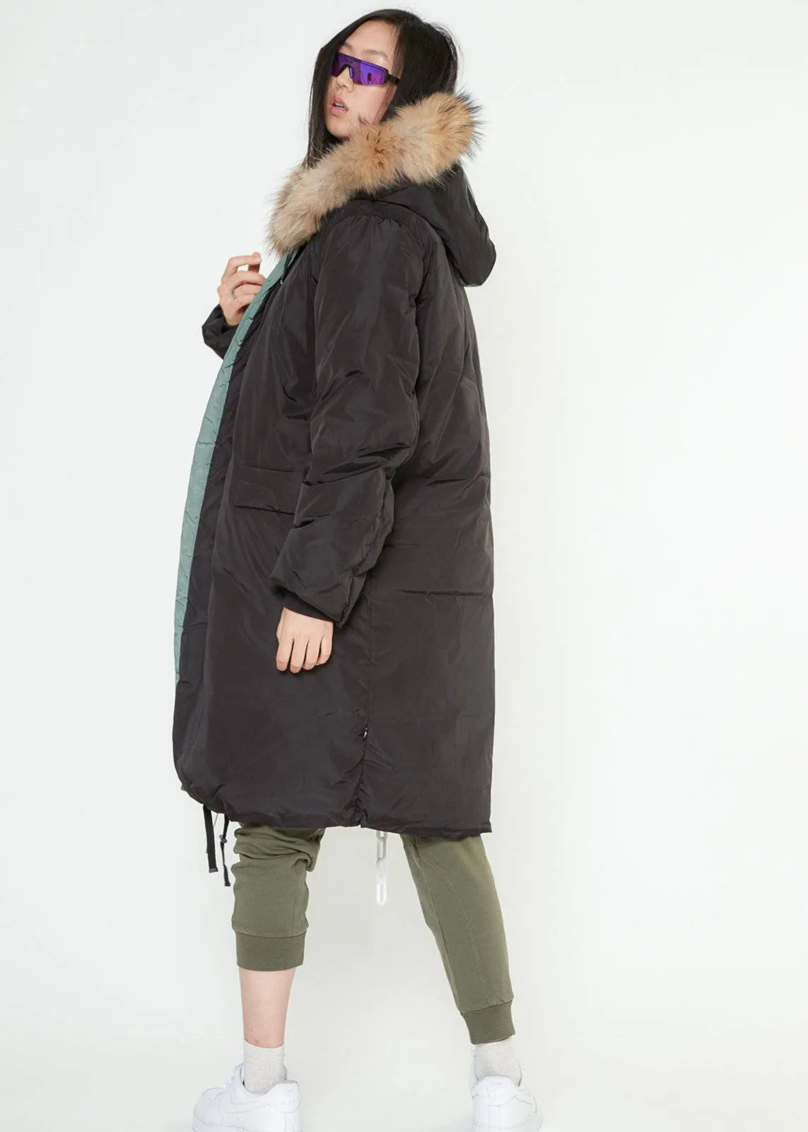 Konus Men's Long Duck Down Hooded Parka with Fur  - Black/Olive